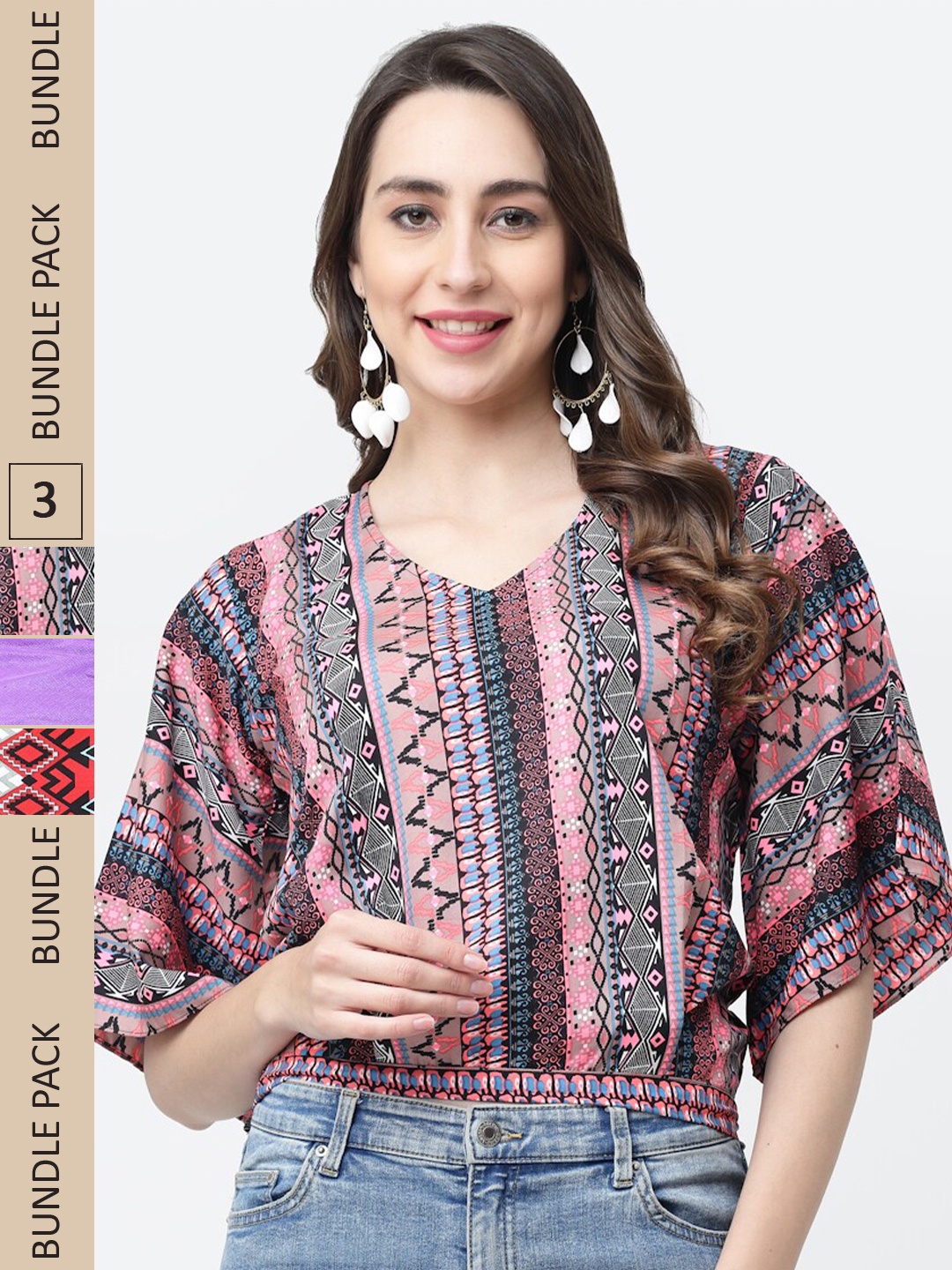 

MISS AYSE Pack Of 3 V-Neck Ethnic Motifs Printed Georgette Crop Top, Pink