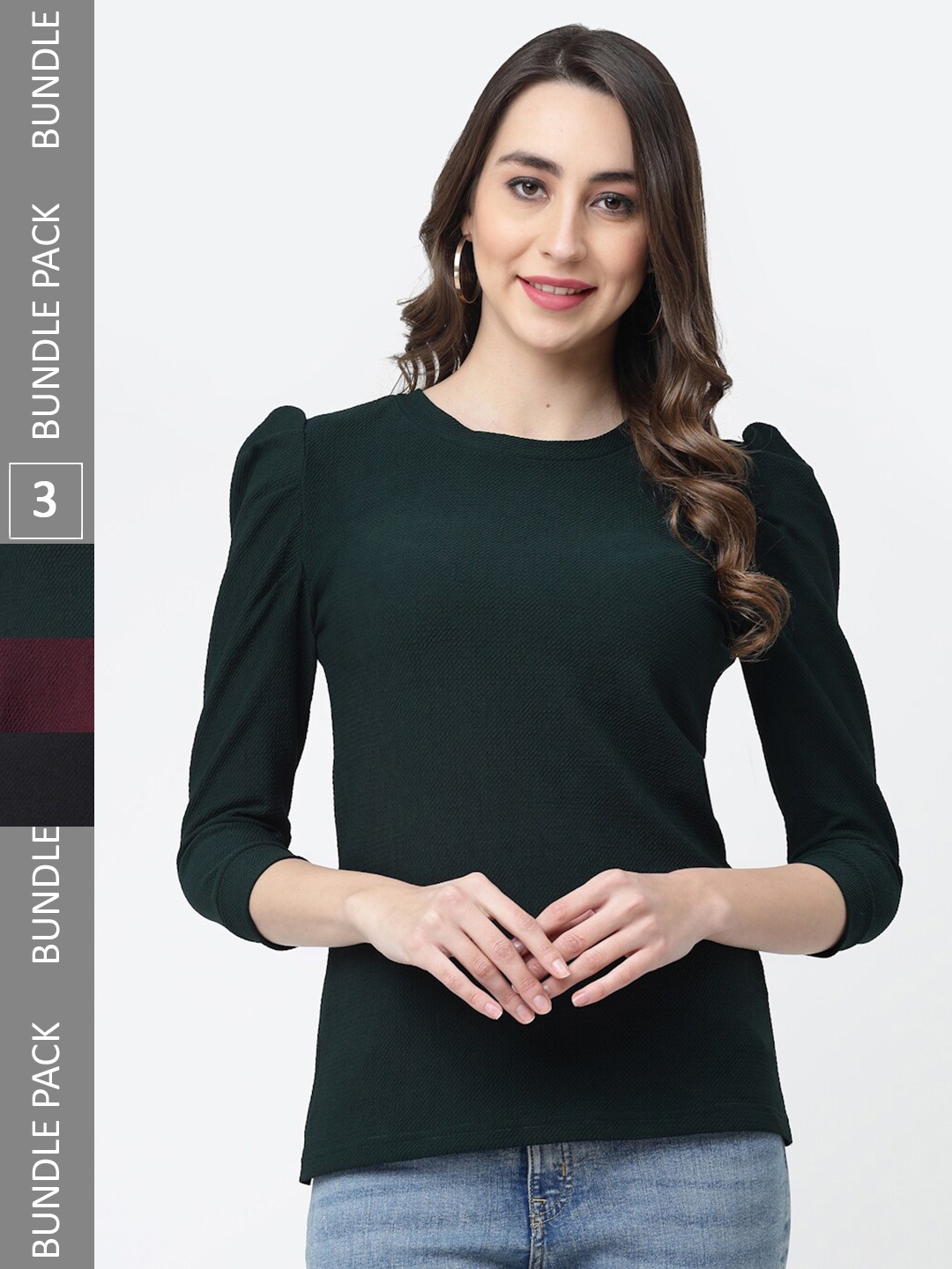 

MISS AYSE Pack of 3 Puff Sleeves Tops, Green
