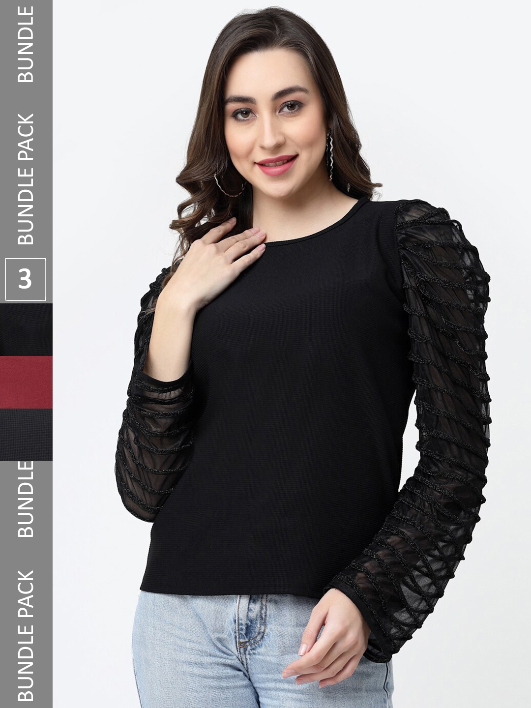 

MISS AYSE Pack of 3 Puff Sleeves Tops, Black
