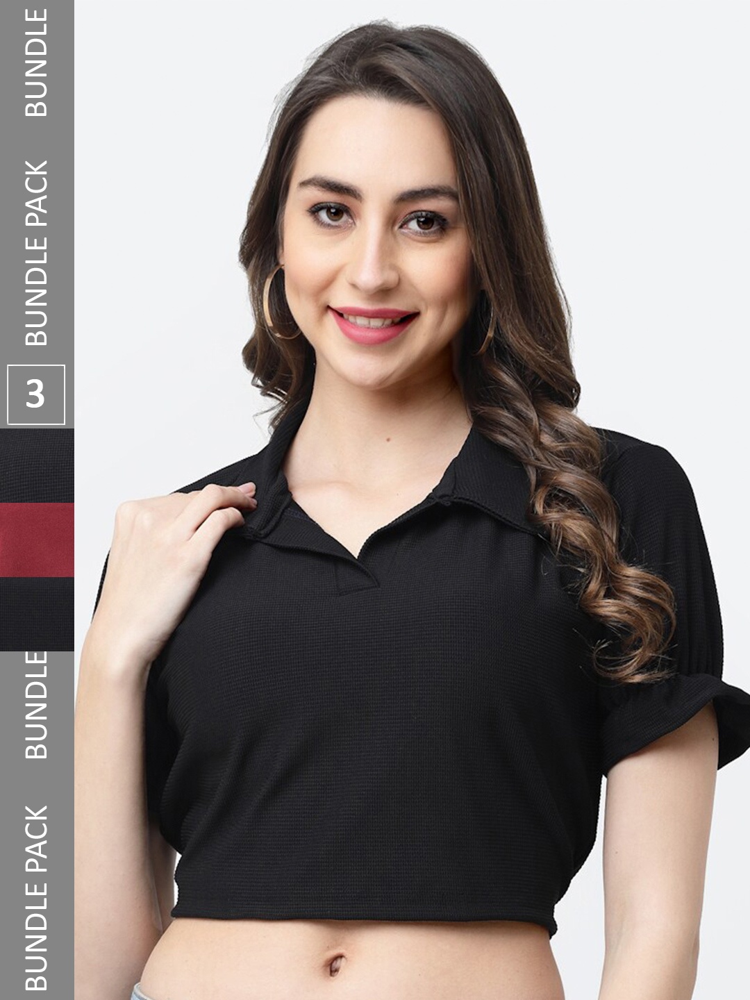 

MISS AYSE Pack of 3 Shirt Collar Cotton Top, Black