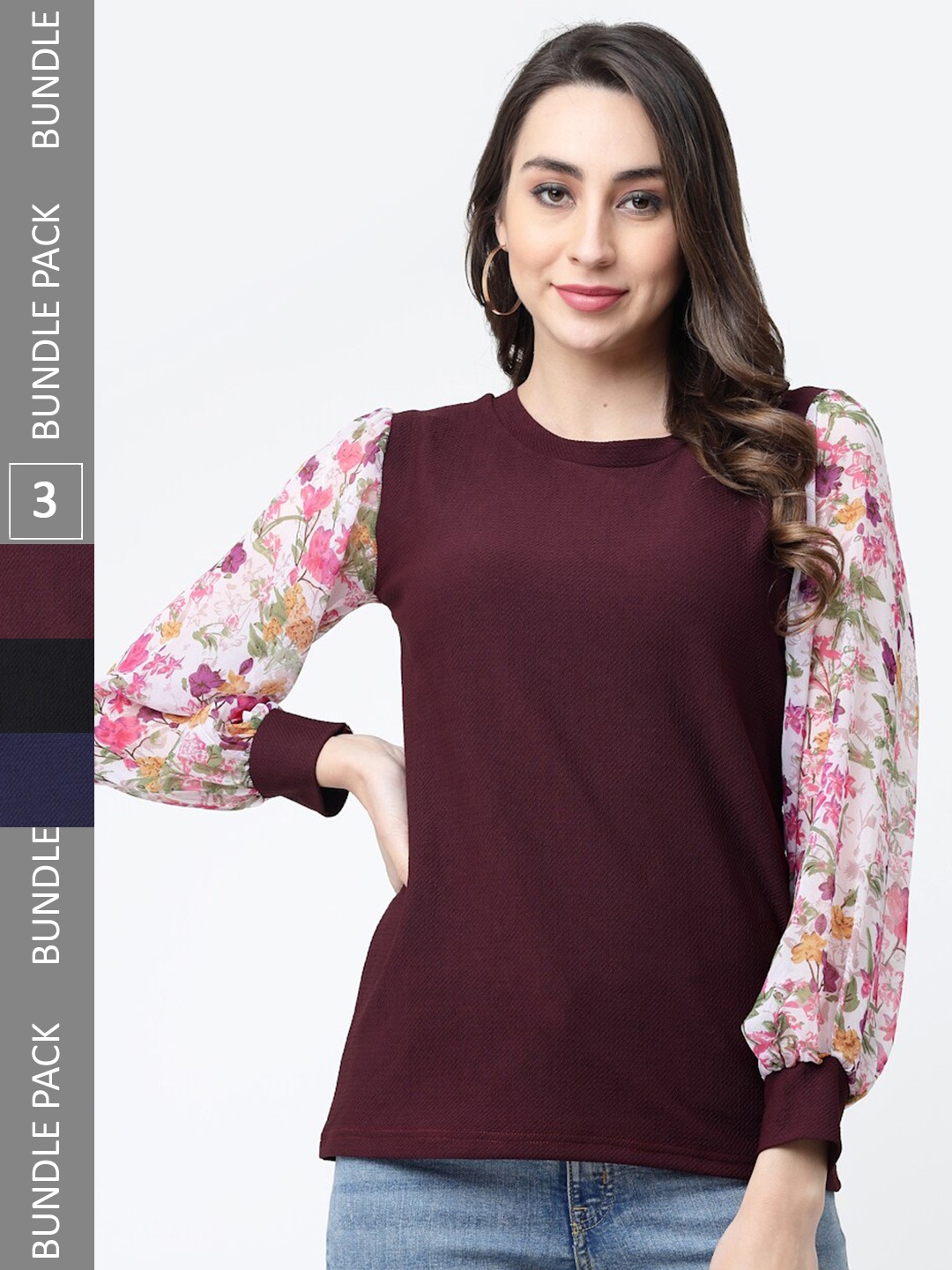 

MISS AYSE Pack of 3 Puff Sleeves Tops, Burgundy