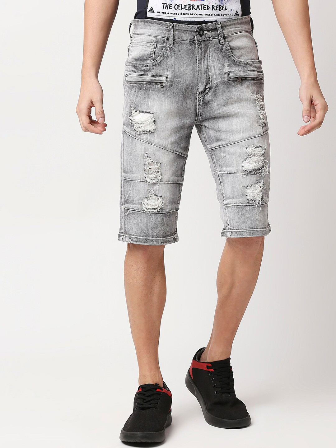 

WAIMEA Men Washed Distressed Skinny Fit Denim Shorts, Grey