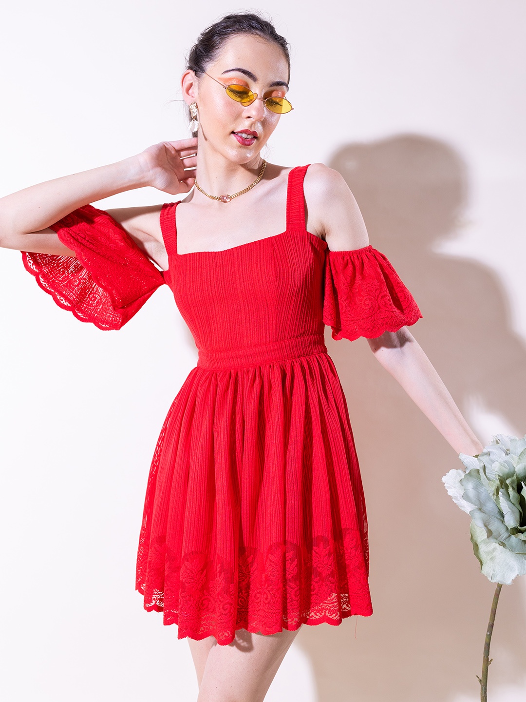 

Stylecast X Hersheinbox Self-Striped Cold-Shoulder Lace Insert Fit & Flare Dress, Red