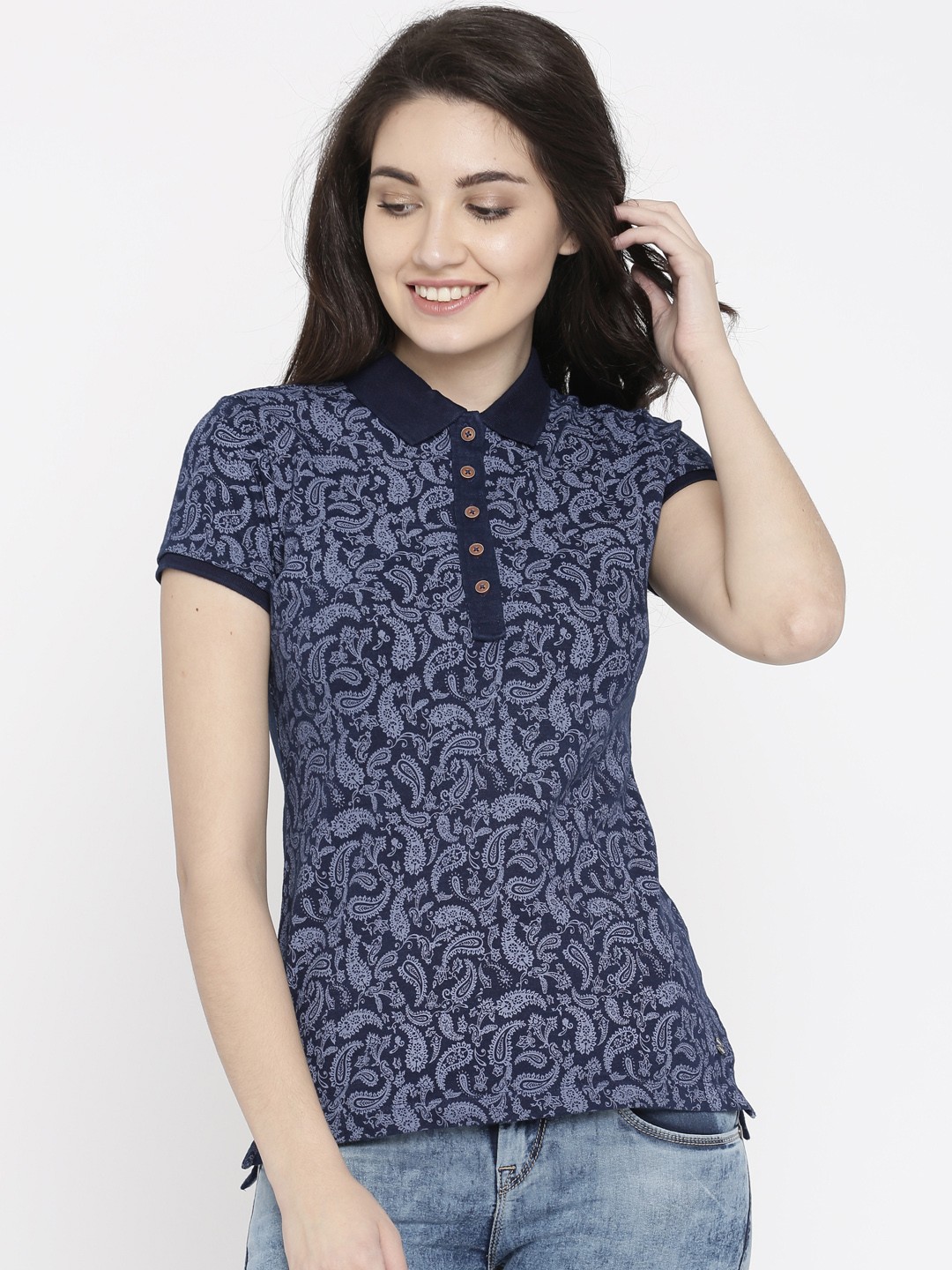 

U.S. Polo Assn. Women Women Blue Printed Polo T-Shirt