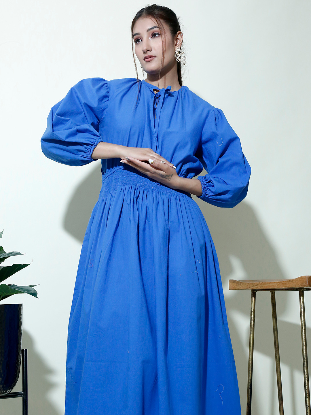 

Stylecast X Hersheinbox Tie-Up Neck Puff Sleeve Fit & Flare Cotton Smocked Maxi Dress, Blue