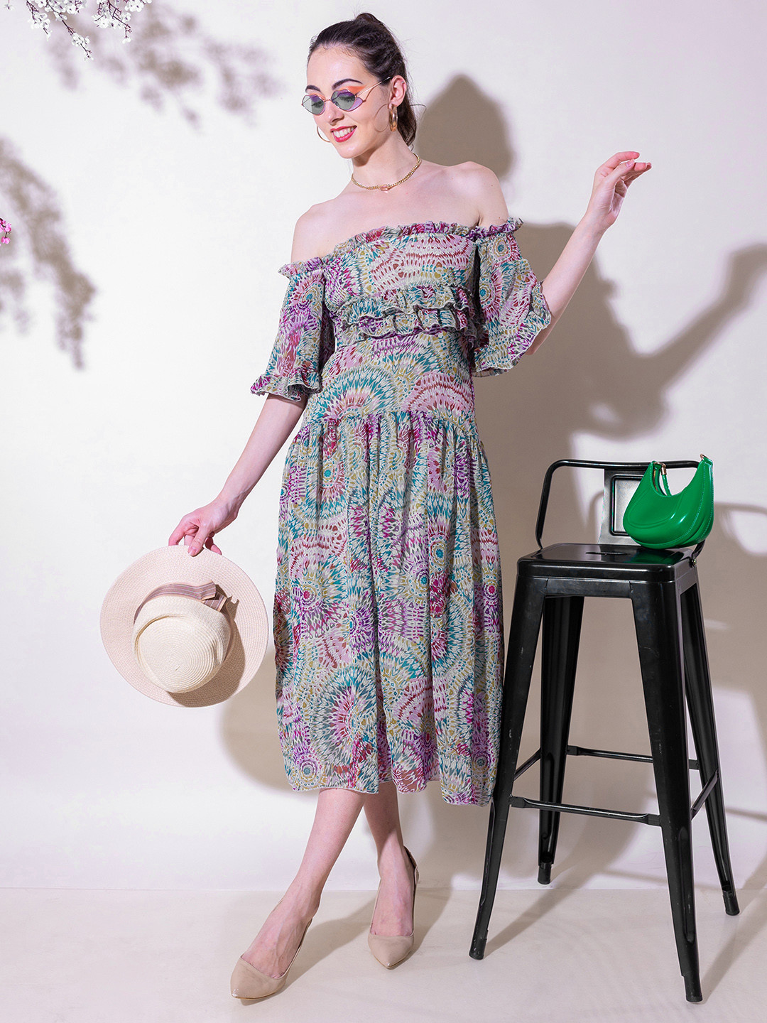 

Stylecast X Hersheinbox Printed Off-Shoulder Ruffled Georgette Dress, Multi