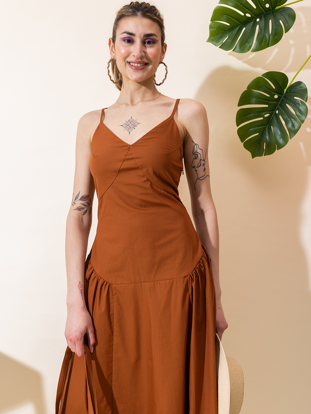 

Stylecast X Hersheinbox Shoulder Straps Gathered Detail Cotton Maxi Dress, Camel brown