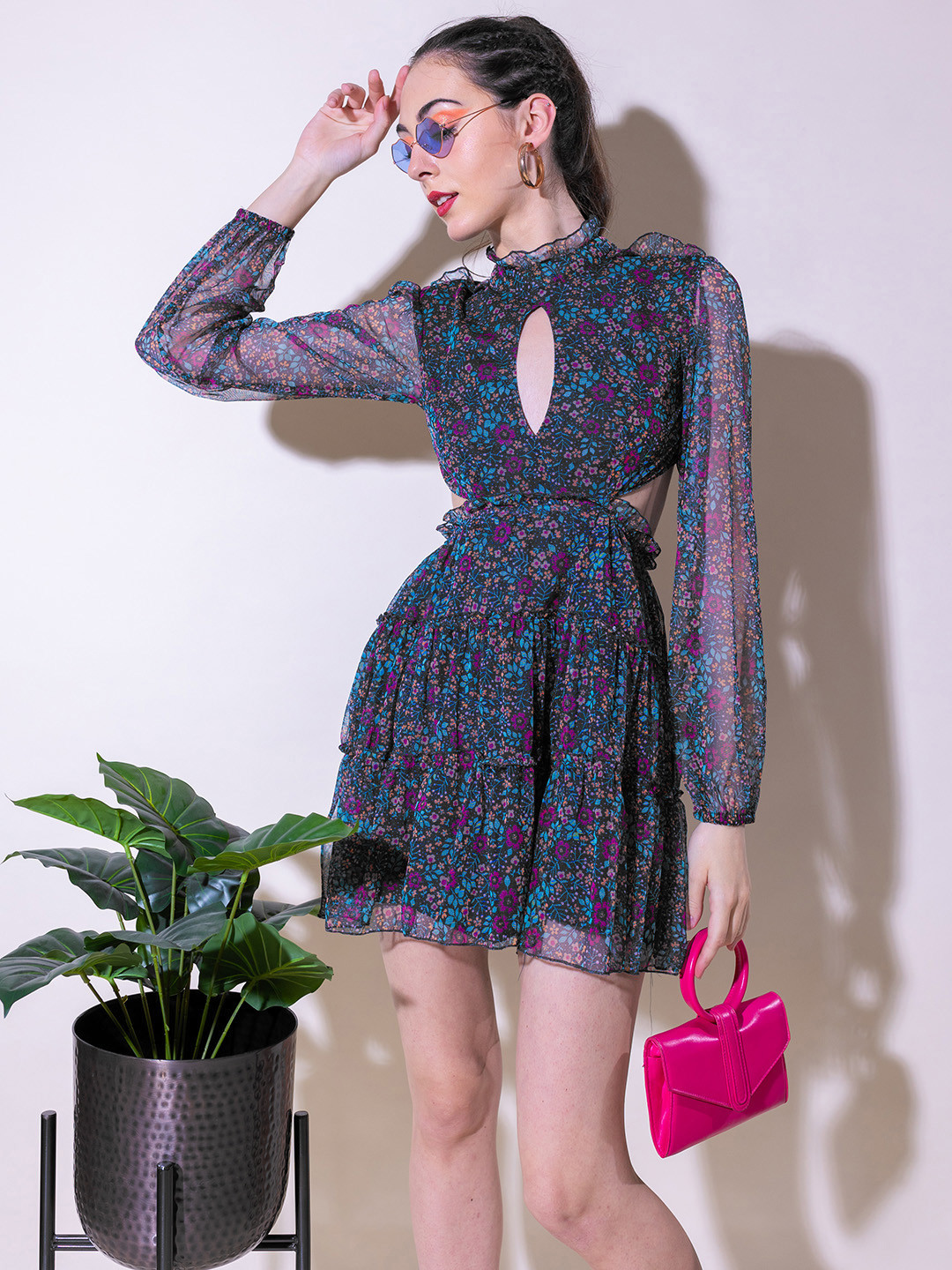 

Stylecast X Hersheinbox Floral Print Ruffled Net A-Line Mini Dress, Navy blue