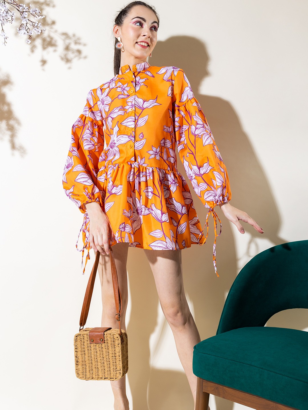 

Stylecast X Hersheinbox Floral Print Puff Sleeves Cotton Shirt Style Mini Dress, Orange