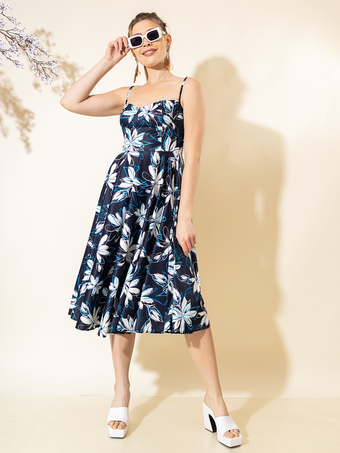 

Stylecast X Hersheinbox Floral Print Fit & Flare Midi Dress, Navy blue