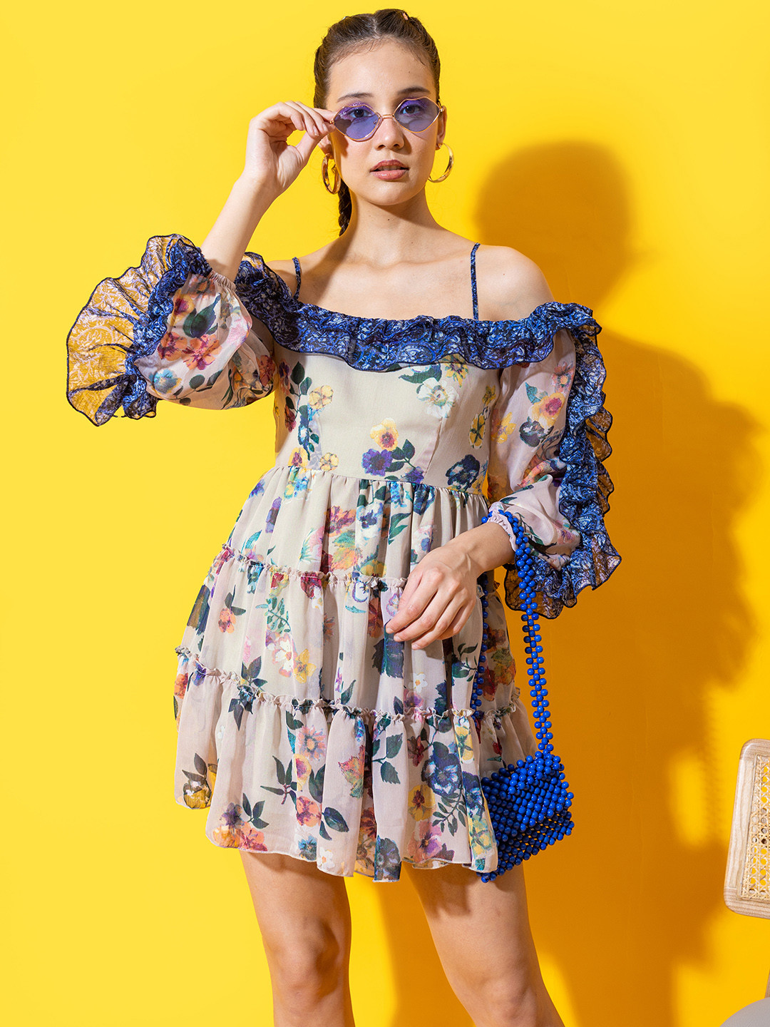 

Stylecast X Hersheinbox Floral Print Off-Shoulder Ruffled Georgette A-Line Dress, Beige