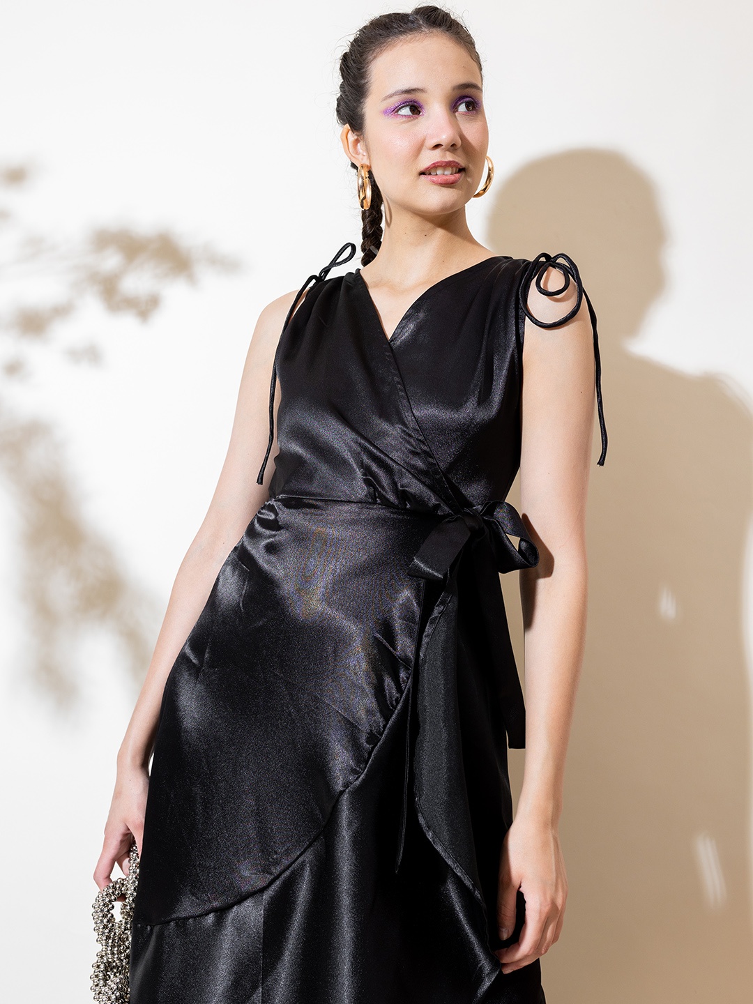 

Stylecast X Hersheinbox Satin Finish Tie-Up Maxi Wrap Dress, Black