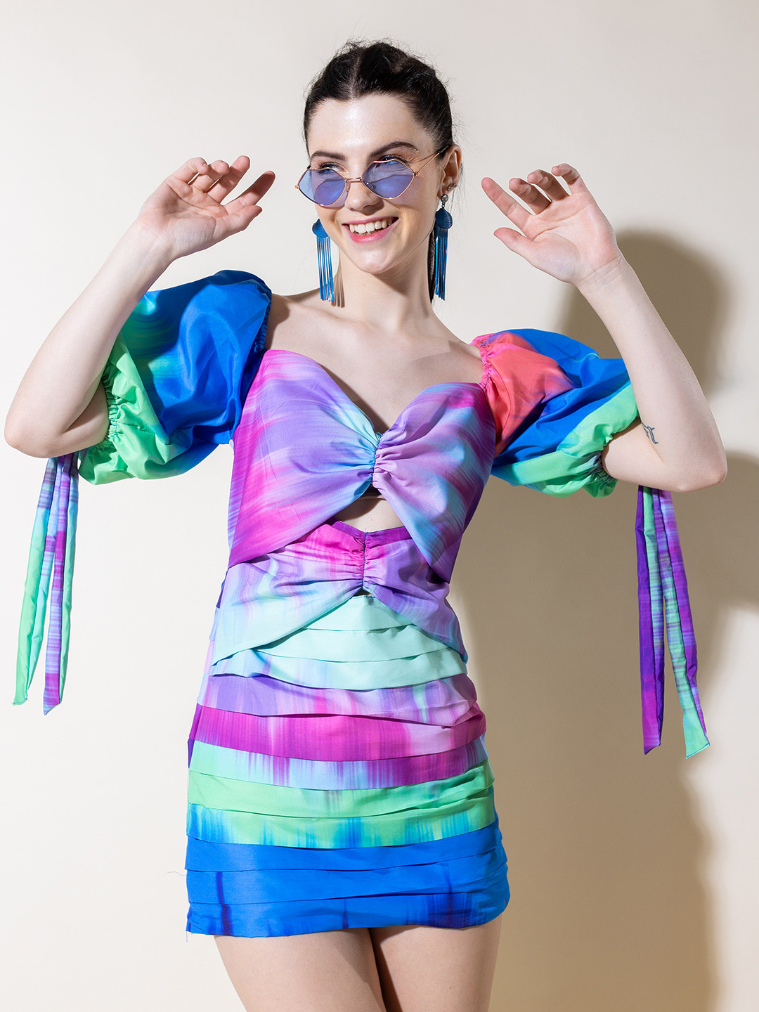 

Stylecast X Hersheinbox Abstract & Dyed Print Puff Sleeve Pleated Cotton Sheath Mini Dress, Multi