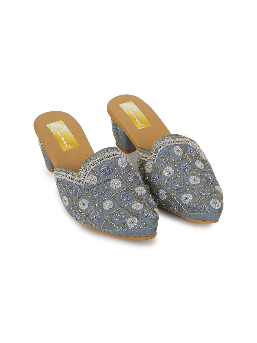 

The Desi Dulhan Women Embellished Block Mules, Grey