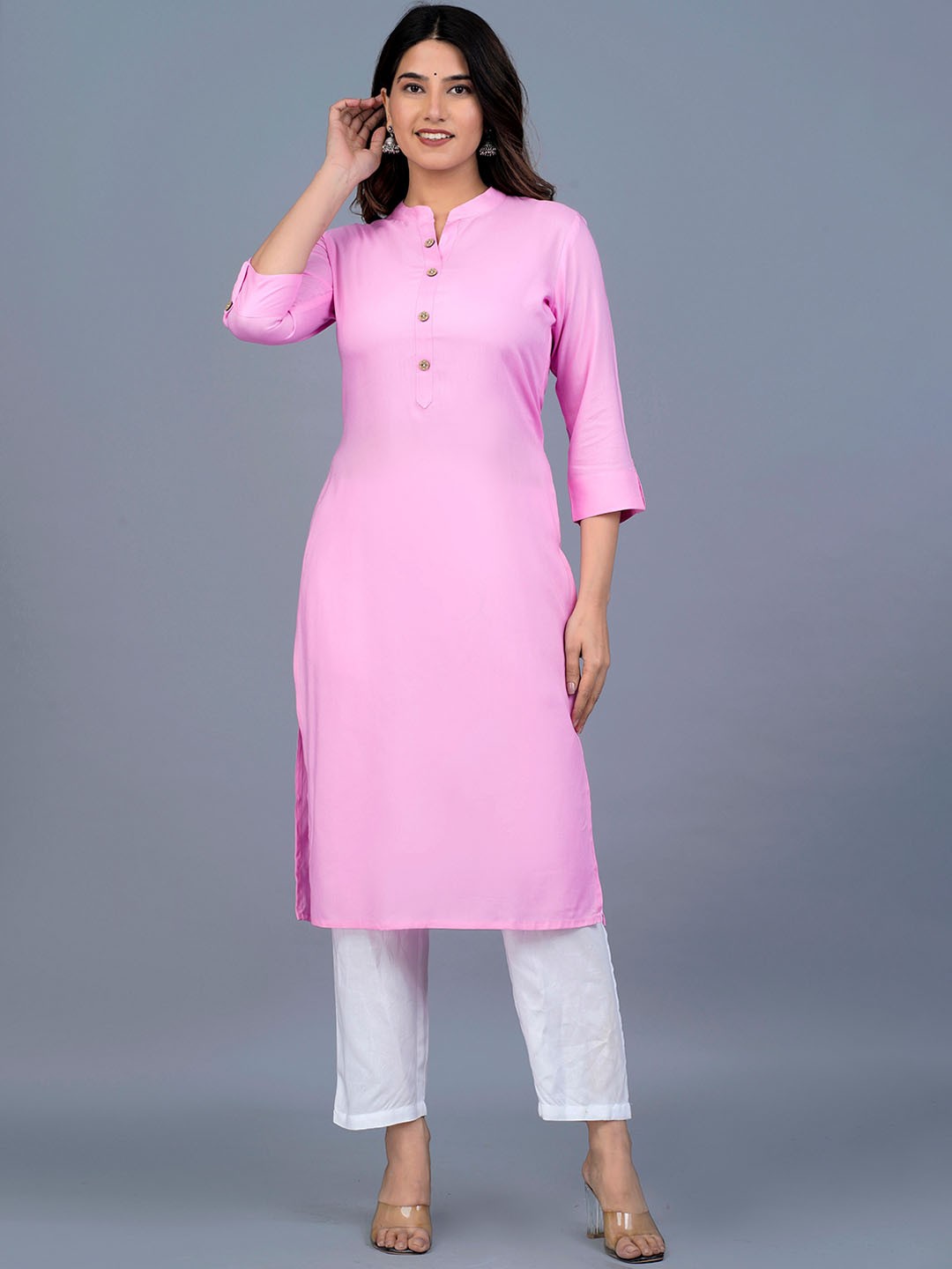 

KALINI Women Band Collar Roll-Up Sleeves Kurta, Pink