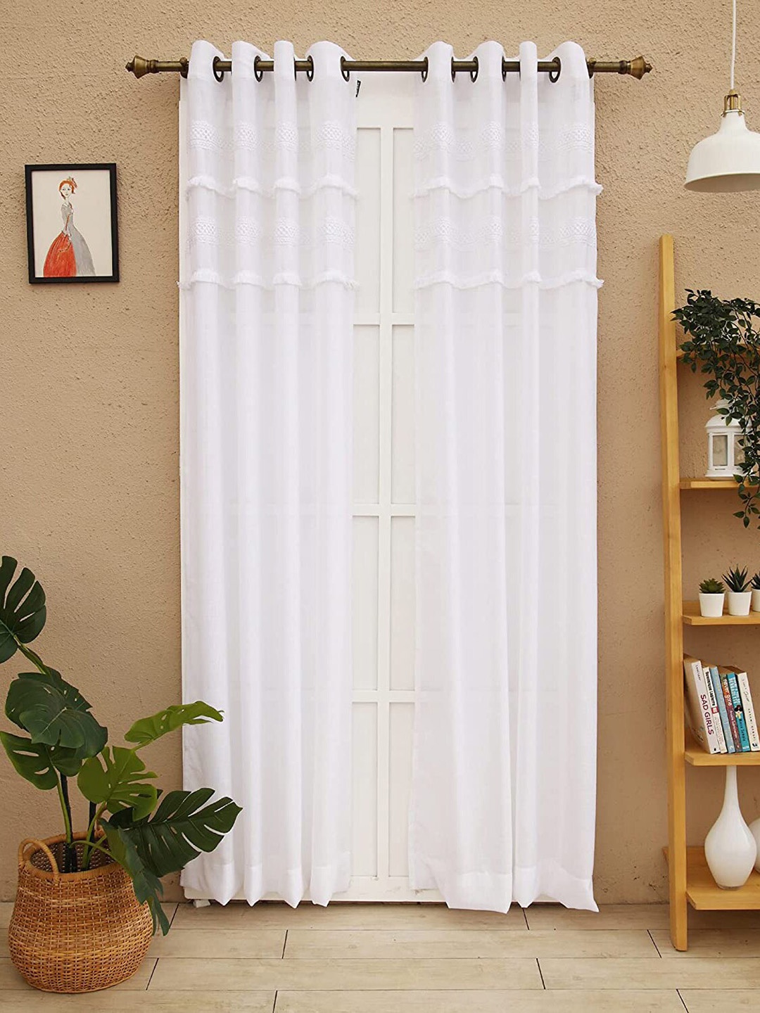 

Ariana Boho Daisy White Self Design Sheer Long Door Curtain