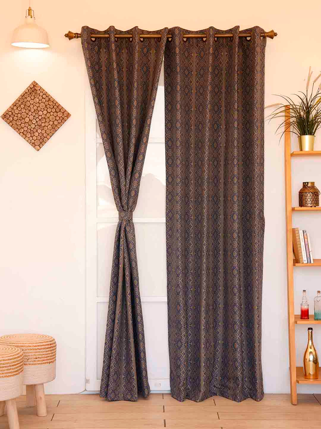 

Ariana Magnolia Azteca Navy Blue & Brown Ethnic Motifs Black Out Door Curtain