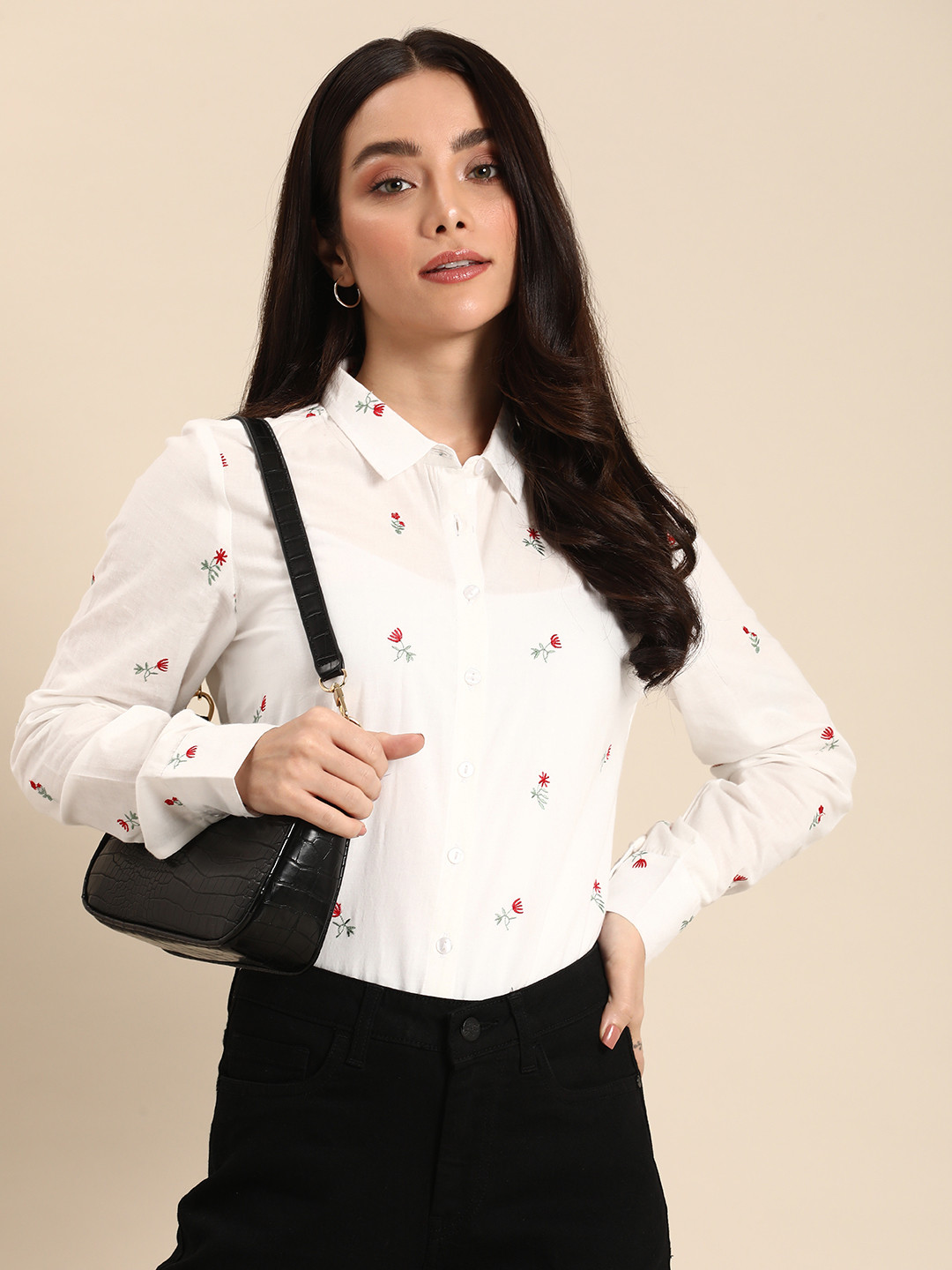 

all about you Women Floral Embroidered Pure Cotton Casual Shirt, White
