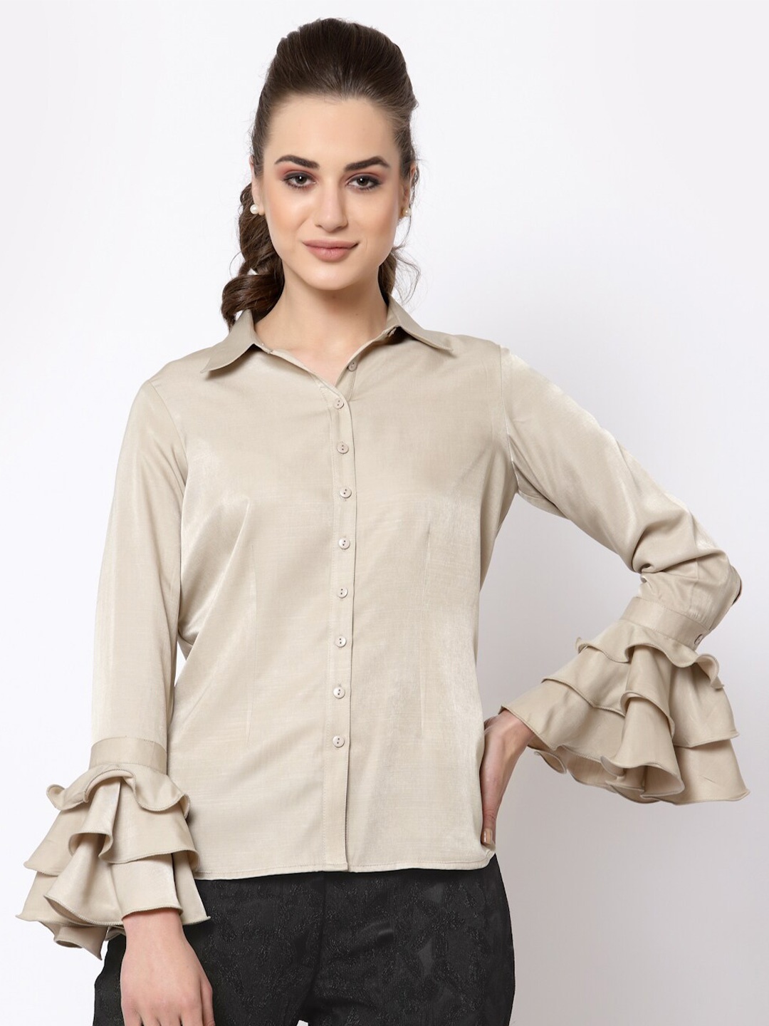 

OFFICE & YOU Women Bell-Sleeves Formal Satin Shirt, Beige