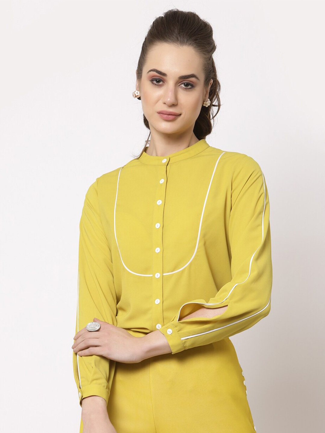 

OFFICE & YOU Women Mandarin Collar Casual Shirt, Yellow