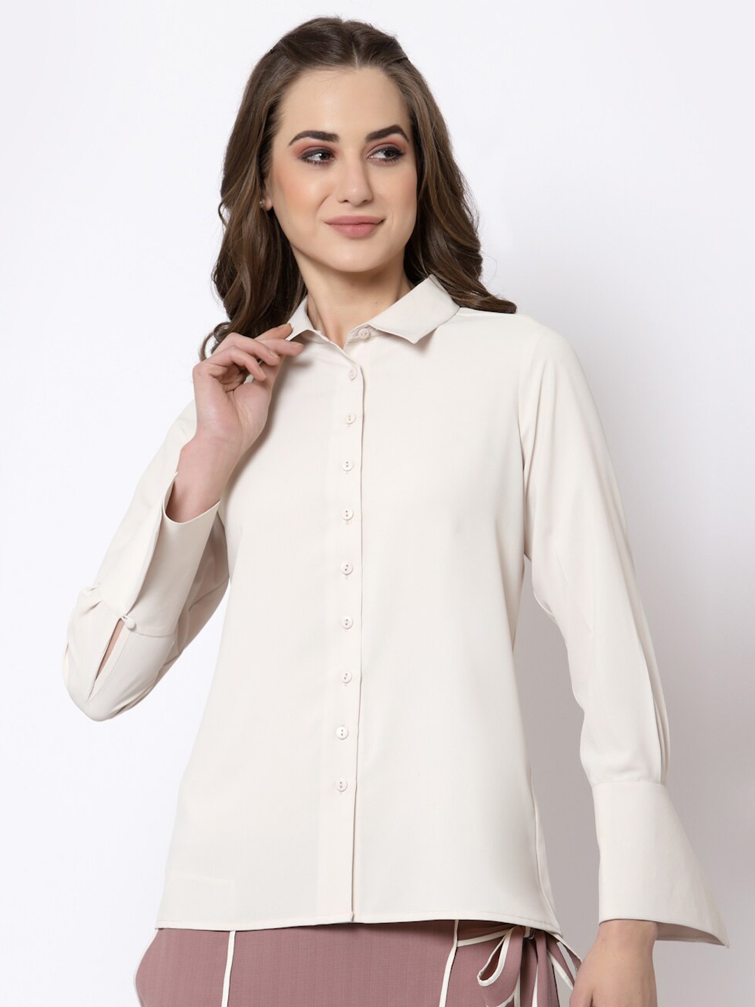 

OFFICE & YOU Women Overlap Cuff Casual Cotton Shirt, Off white