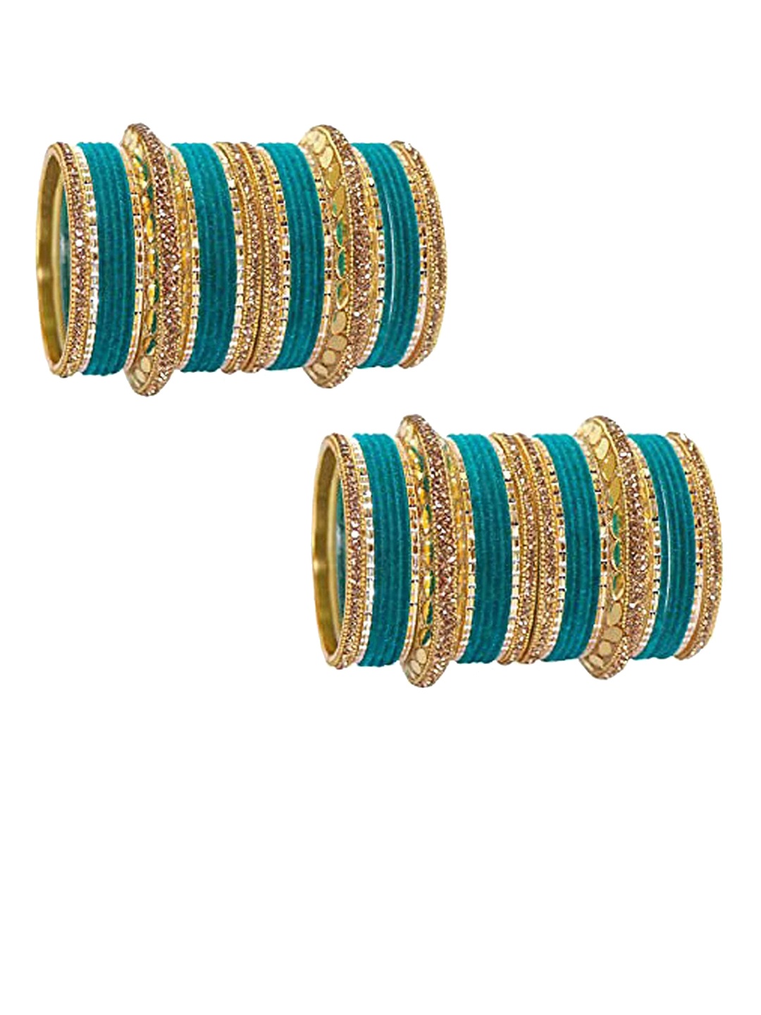 

NMII Set of 60 Gold-Plated Mirror & Zircon Gemstone Studded Bridal Bangle, Teal