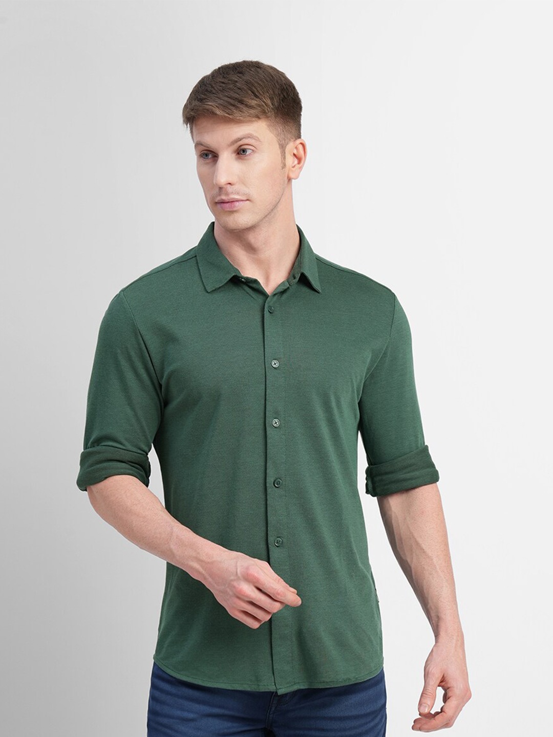 

Jack & Jones Men Spread Collar Casual Cotton Shirt, Green