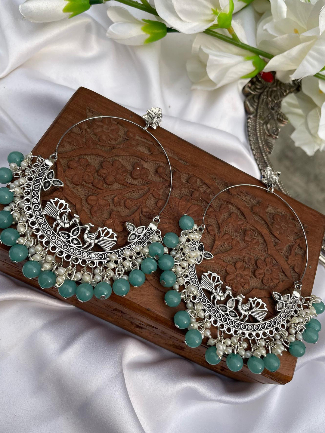 

VAGHBHATT Oxidised Circular Chandbalis Earrings, Sea green