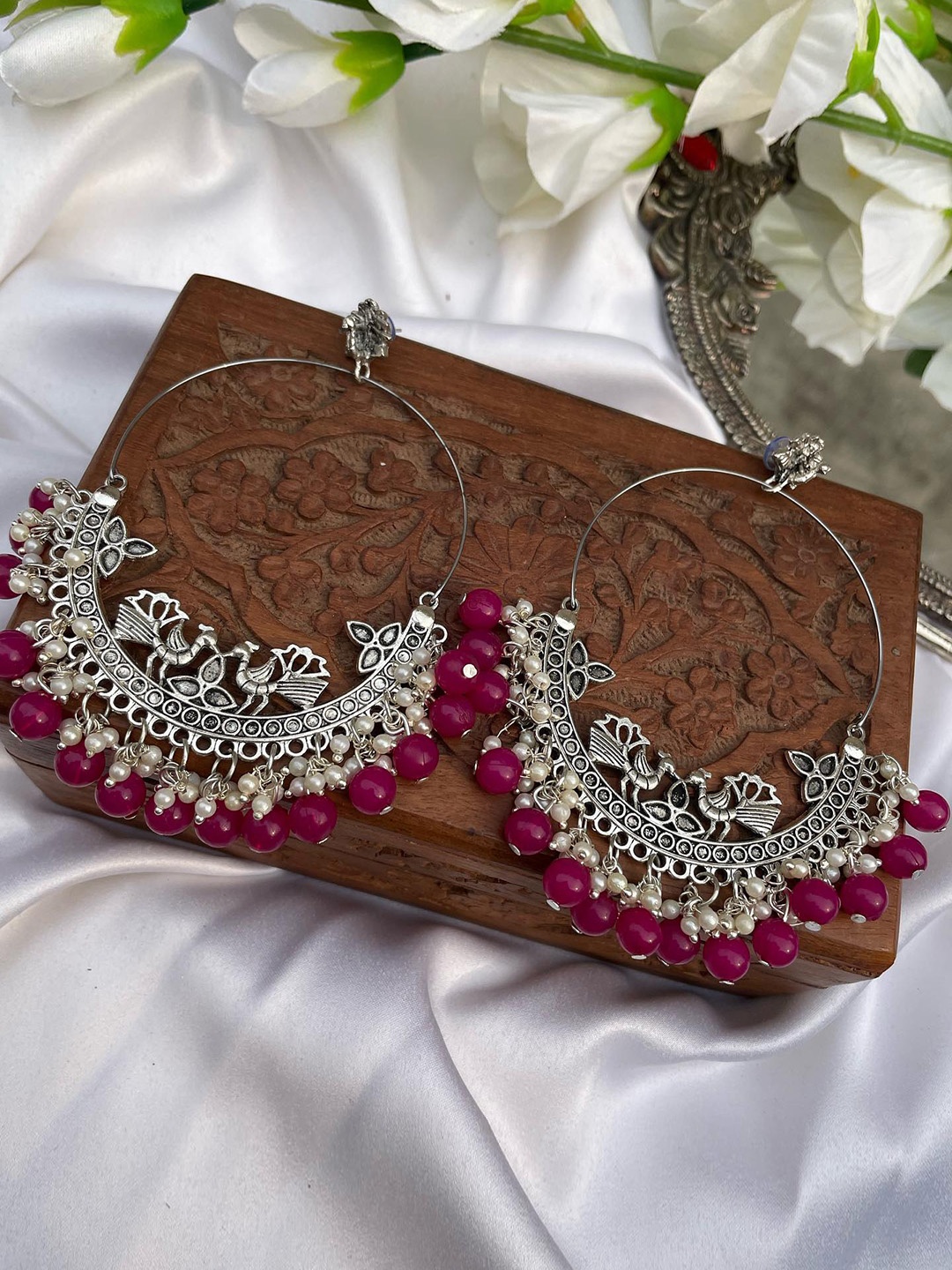 

VAGHBHATT Silver Plated Circular Chandbalis Earrings, Pink