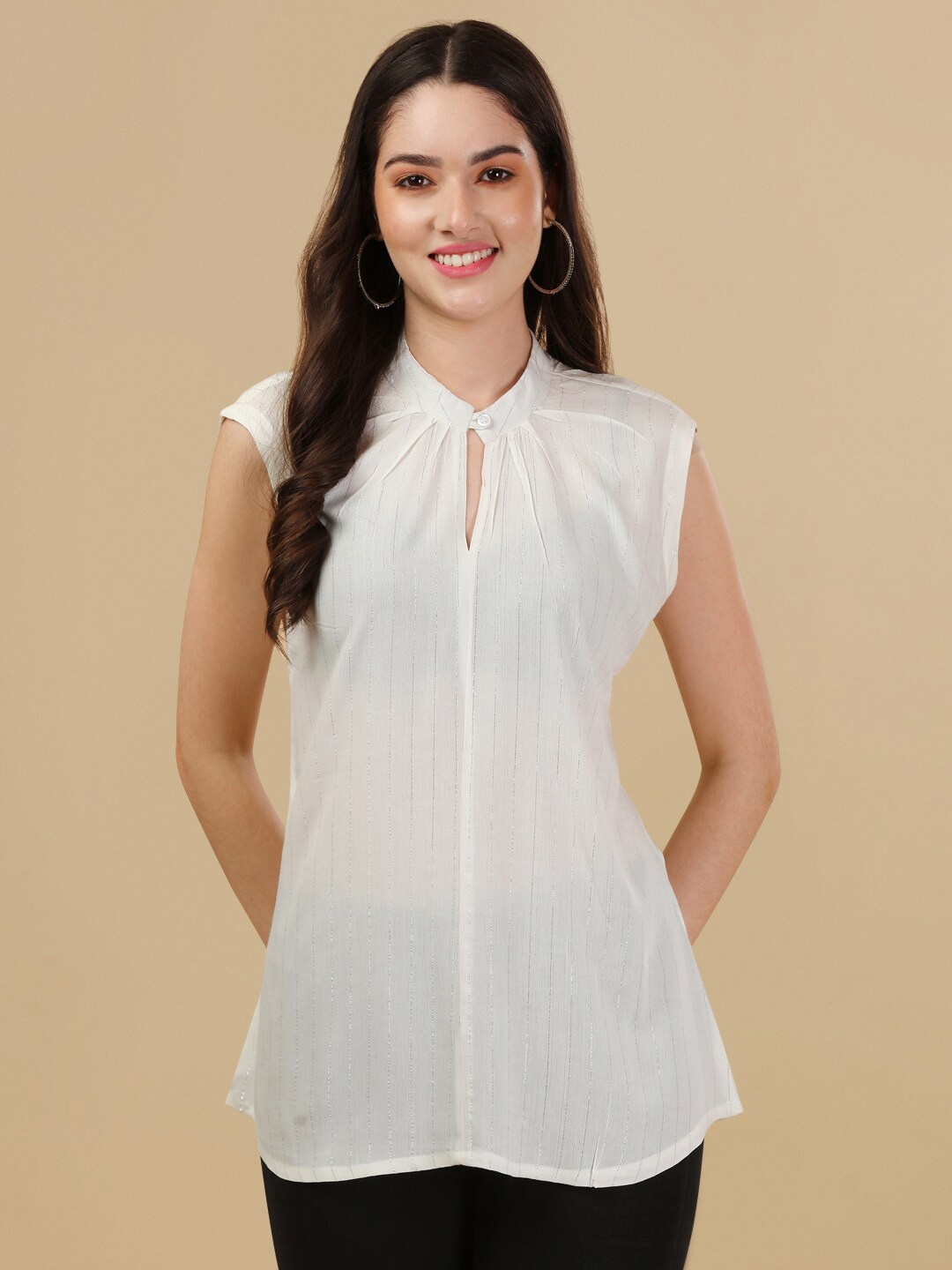 

GUFRINA Striped Keyhole Neck Extended Sleeves Top, White