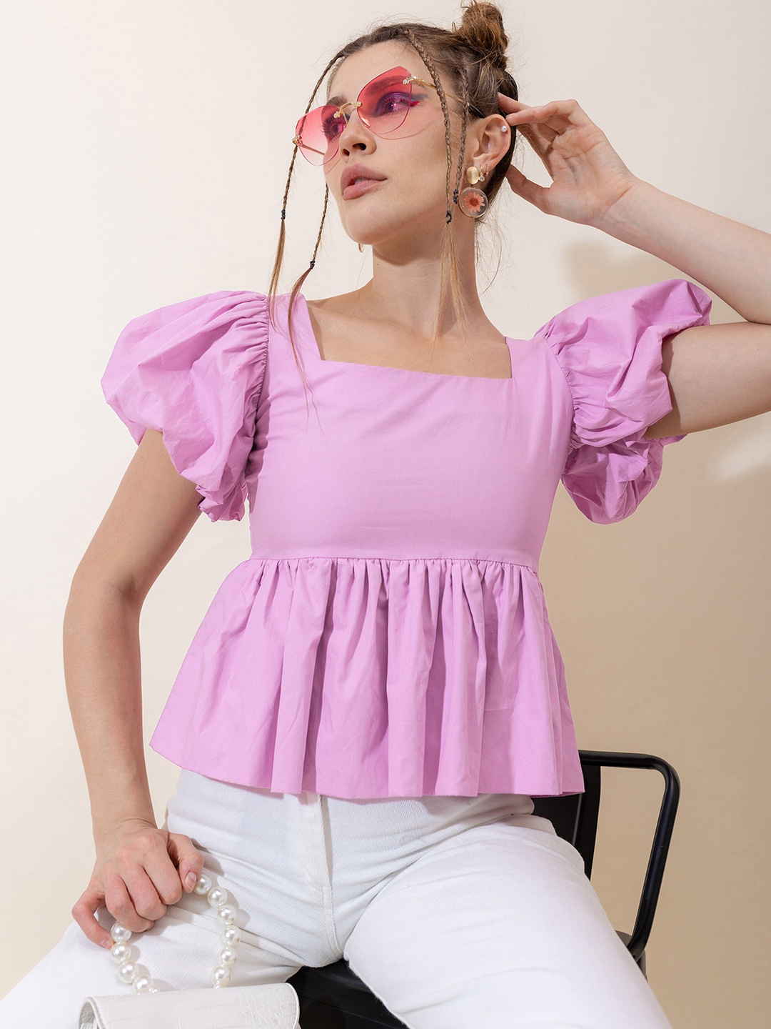 

Stylecast X Hersheinbox Solid Puff Sleeve Peplum Top With Pleated Detailing, Lavender