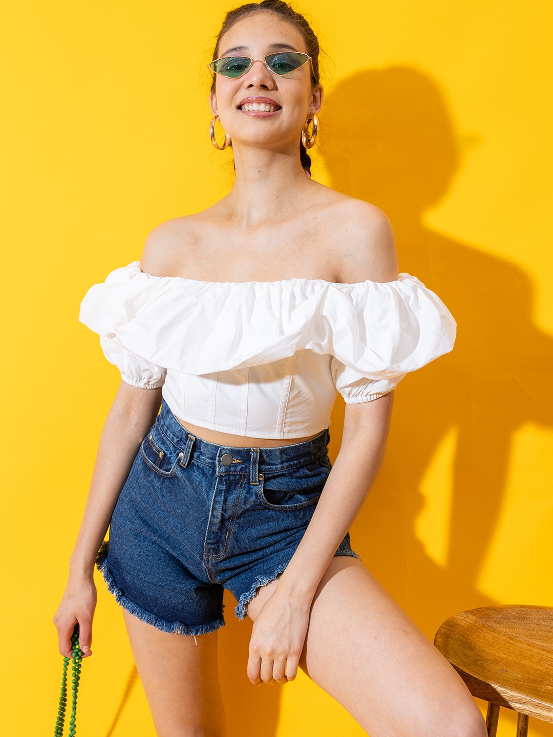 

Stylecast X Hersheinbox Off-Shoulder Puff Sleeve Ruffles Bardot Crop Top, White