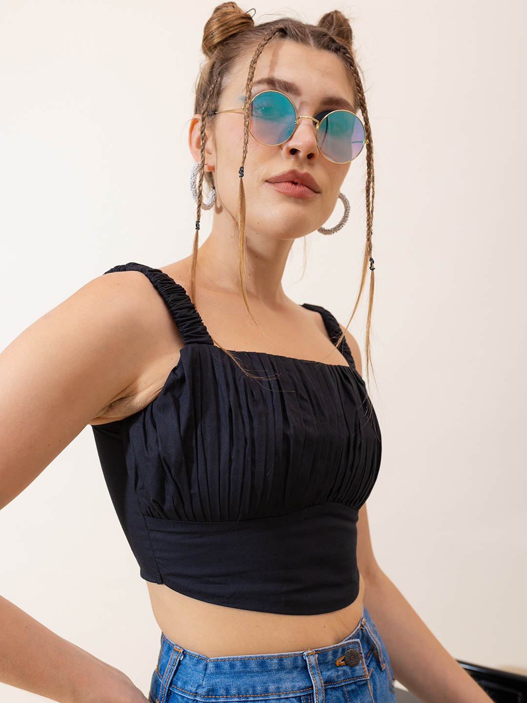 

Stylecast X Hersheinbox Shoulder Straps Pure Cotton Fitted Crop Top, Black