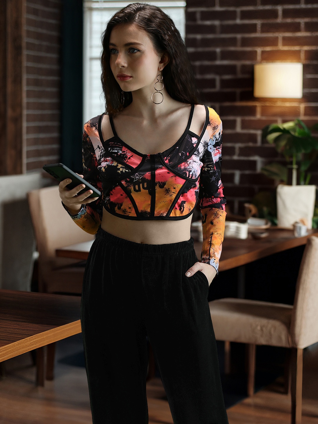 

Stylecast X Hersheinbox Abstract Printed Corset Style Crop Top, Black