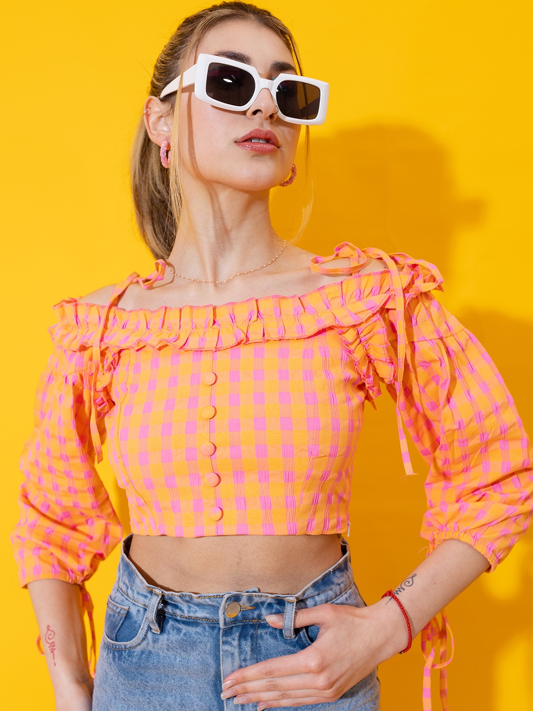 

Stylecast X Hersheinbox Pure Cotton Checked Ruffles Crop Top, Orange