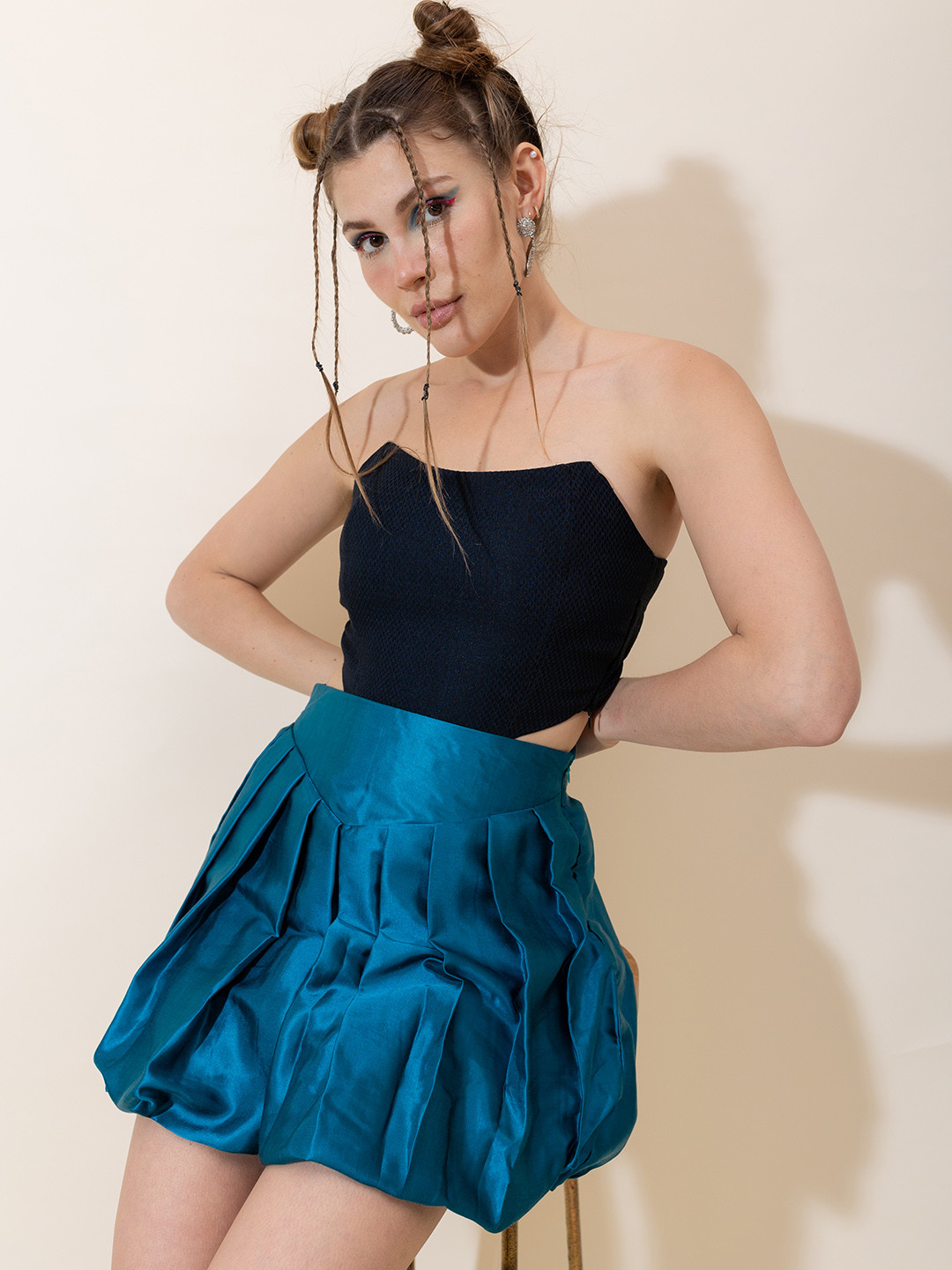 

Stylecast X Hersheinbox Satin Finish Pleated Flared Hem Solid A-Line Mini Skirt, Teal