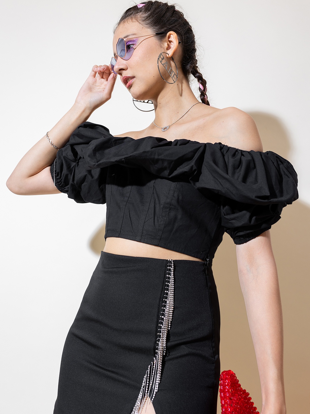 

Stylecast X Hersheinbox Off-Shoulder Layered Bardot Crop Top, Black