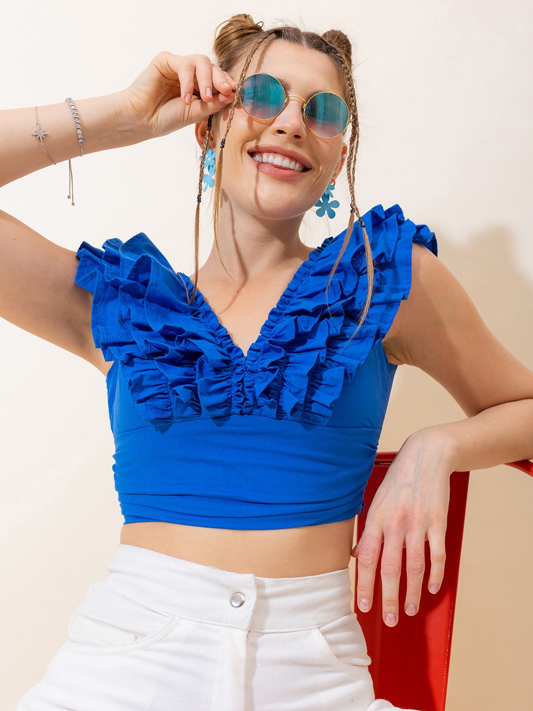

Stylecast X Hersheinbox Pure Cotton Solid Flutter Sleeve Crop Top, Blue