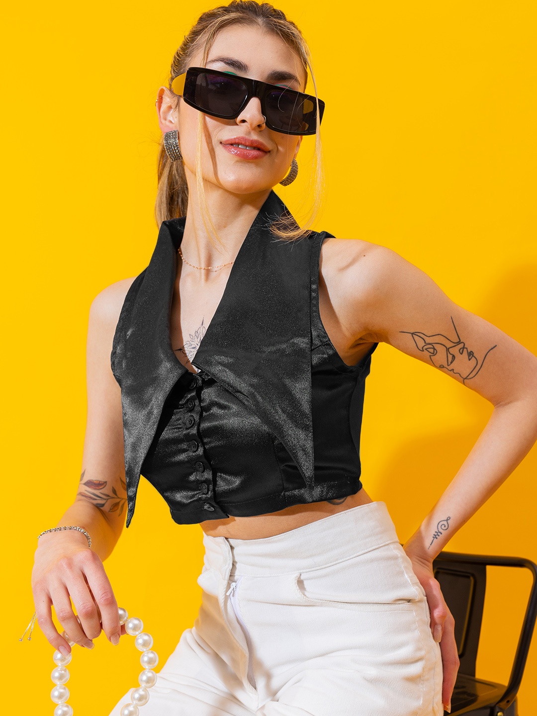 

Stylecast X Hersheinbox Satin Finish Crop Top, Black