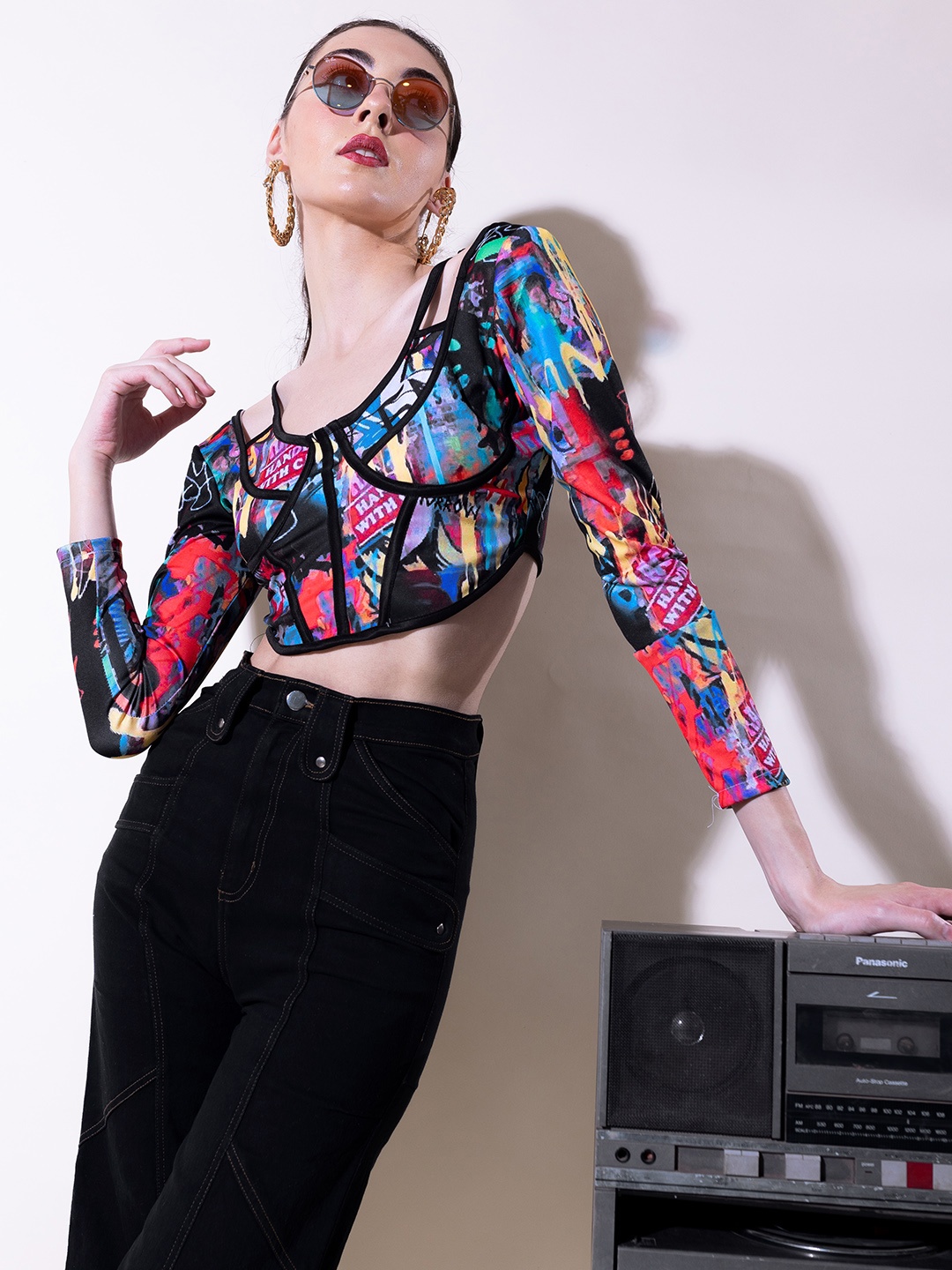 

Stylecast X Hersheinbox Abstract Print Cold-Shoulder Crop Top, Blue