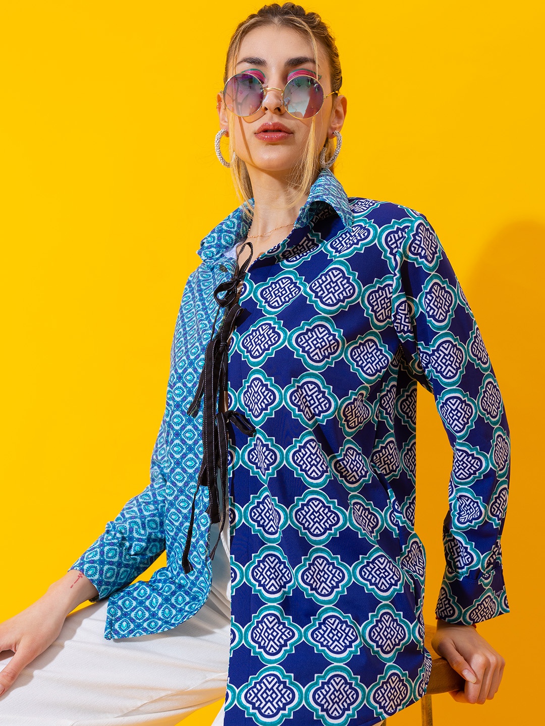 

Stylecast X Hersheinbox Relaxed Ethnic Motifs Printed Tie-Up Planket Shirt, Blue