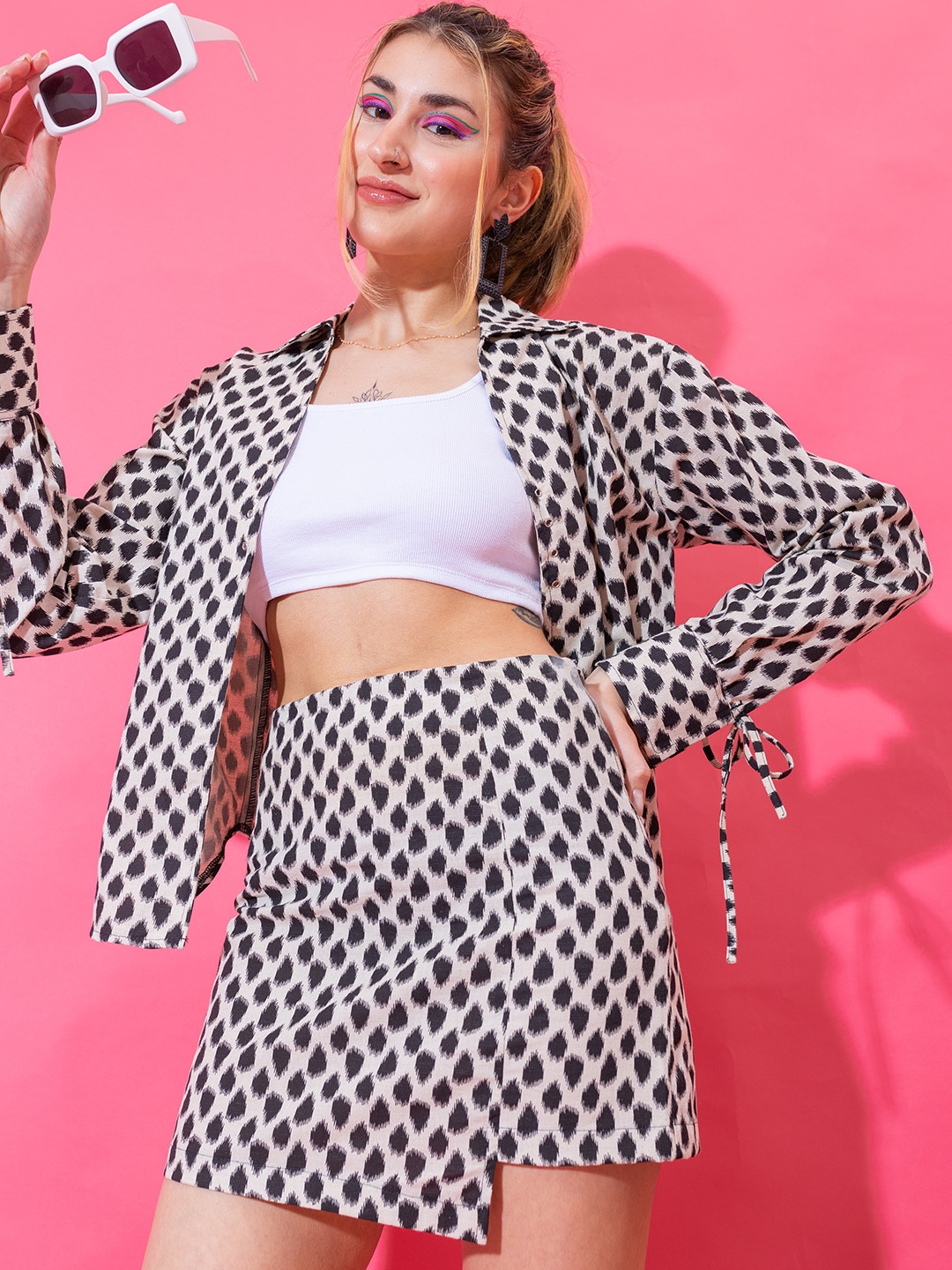 

Stylecast X Hersheinbox Women Printed Shirt Style Top With Printed Mini Skirt, Off white