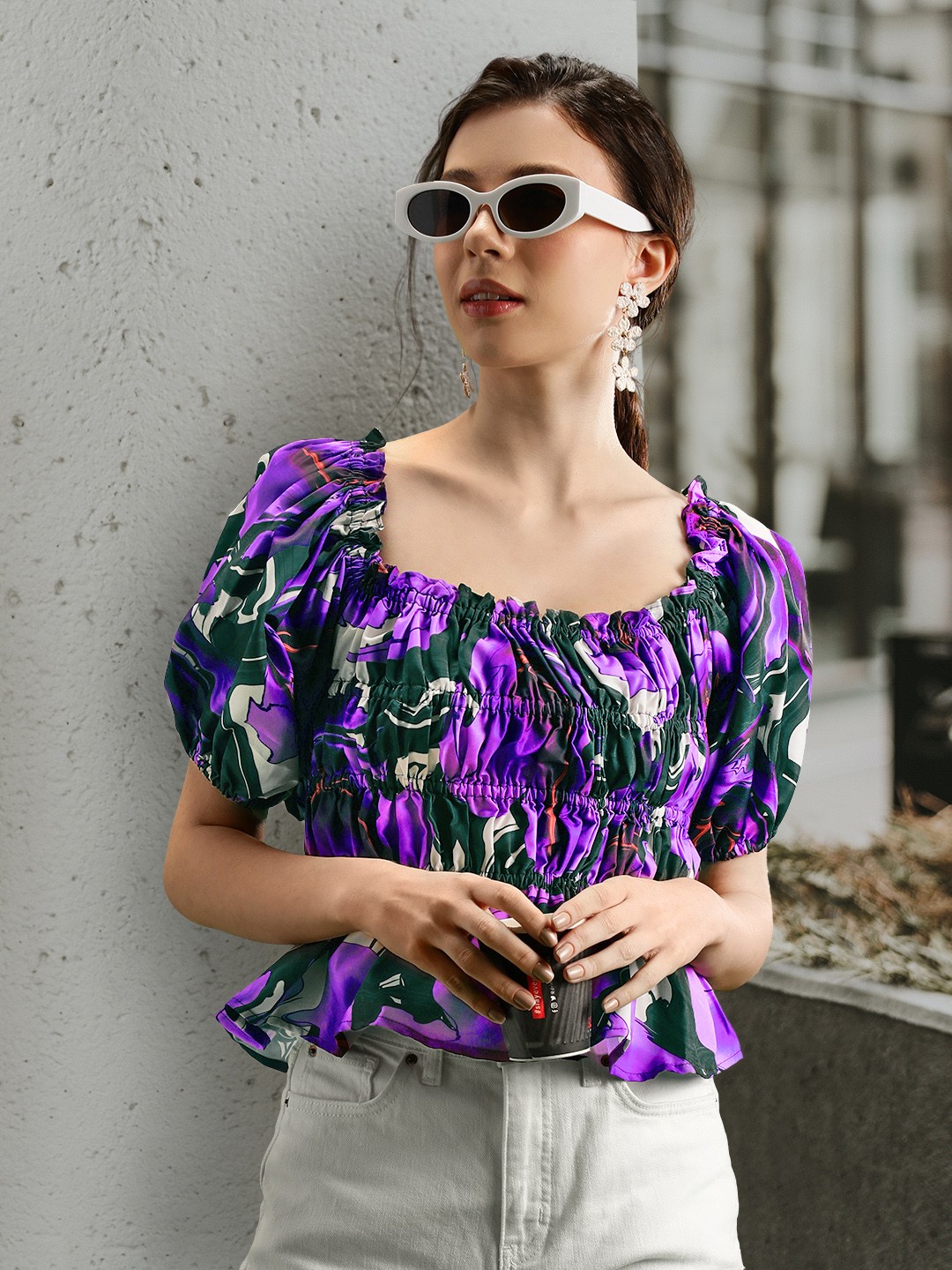 

Stylecast X Hersheinbox Pure Cotton Printed Puff Sleeve Empire Top, Violet