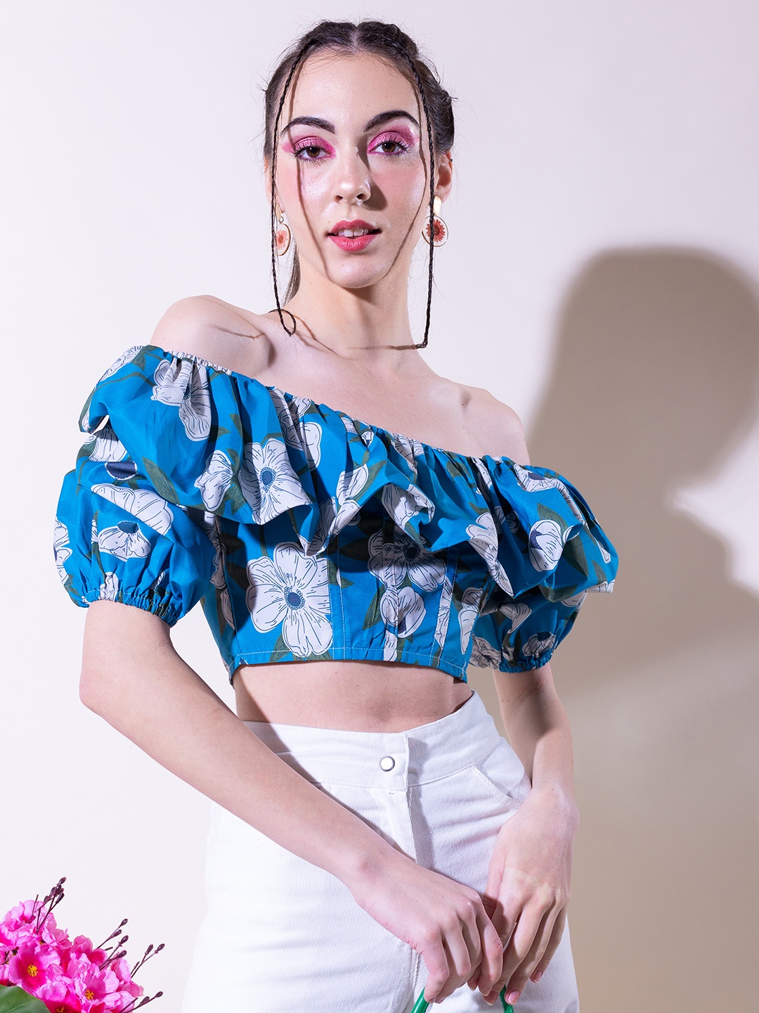 

Stylecast X Hersheinbox Floral Off-Shoulder Ruffles Detail Corset Cotton Crop Top, Blue