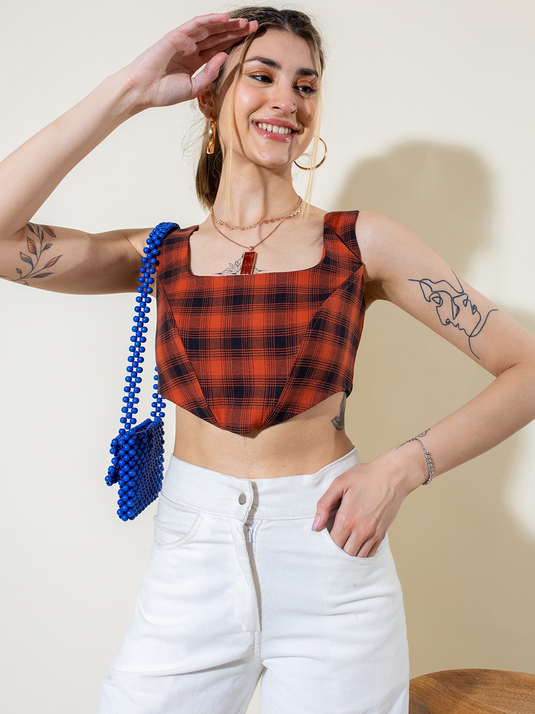 

Stylecast X Hersheinbox Checked Corset Style Crop Top, Rust