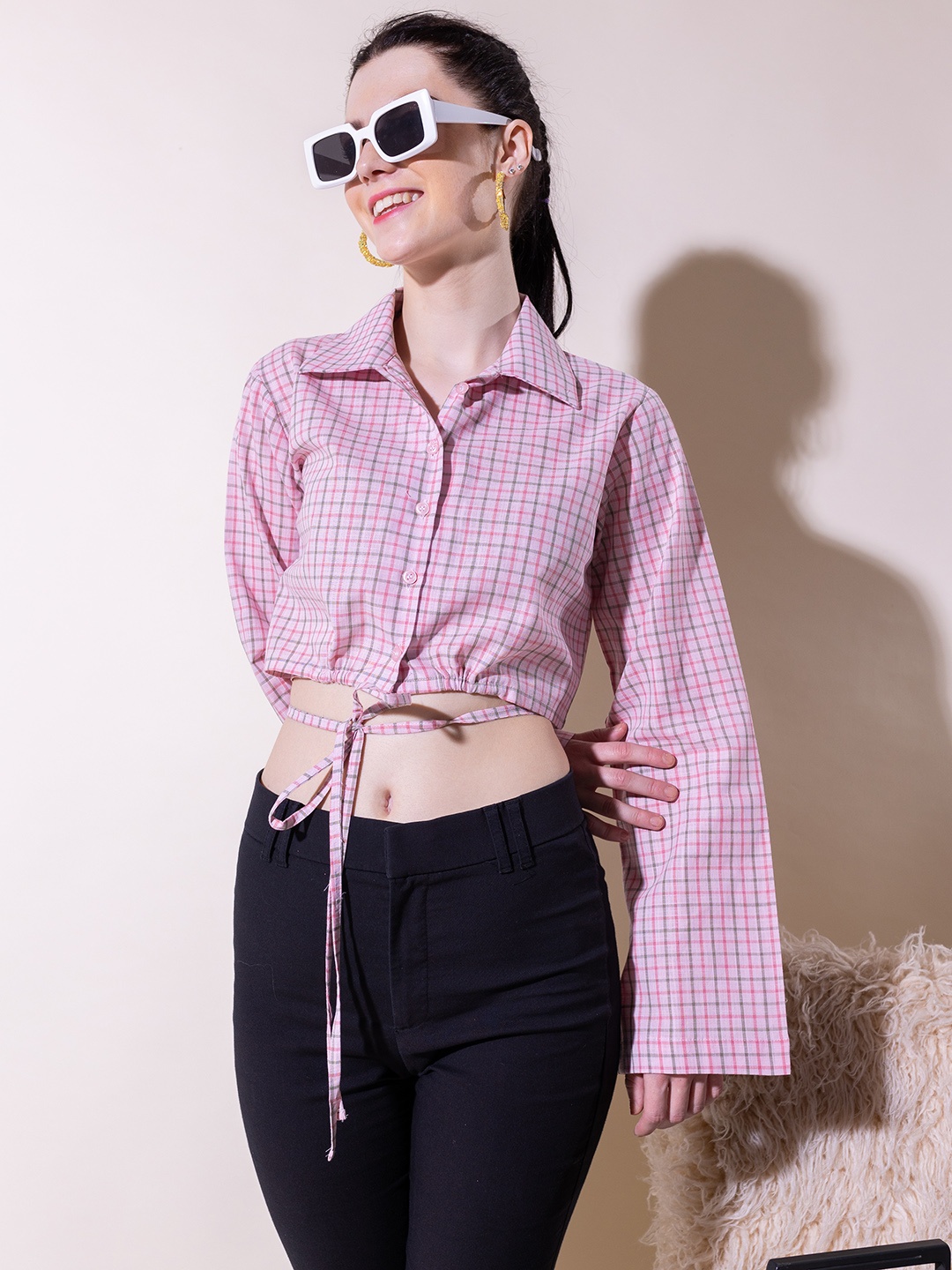 

Stylecast X Hersheinbox Women Grid Checks Boxy Fit Casual Shirt with Tie-Ups, Pink