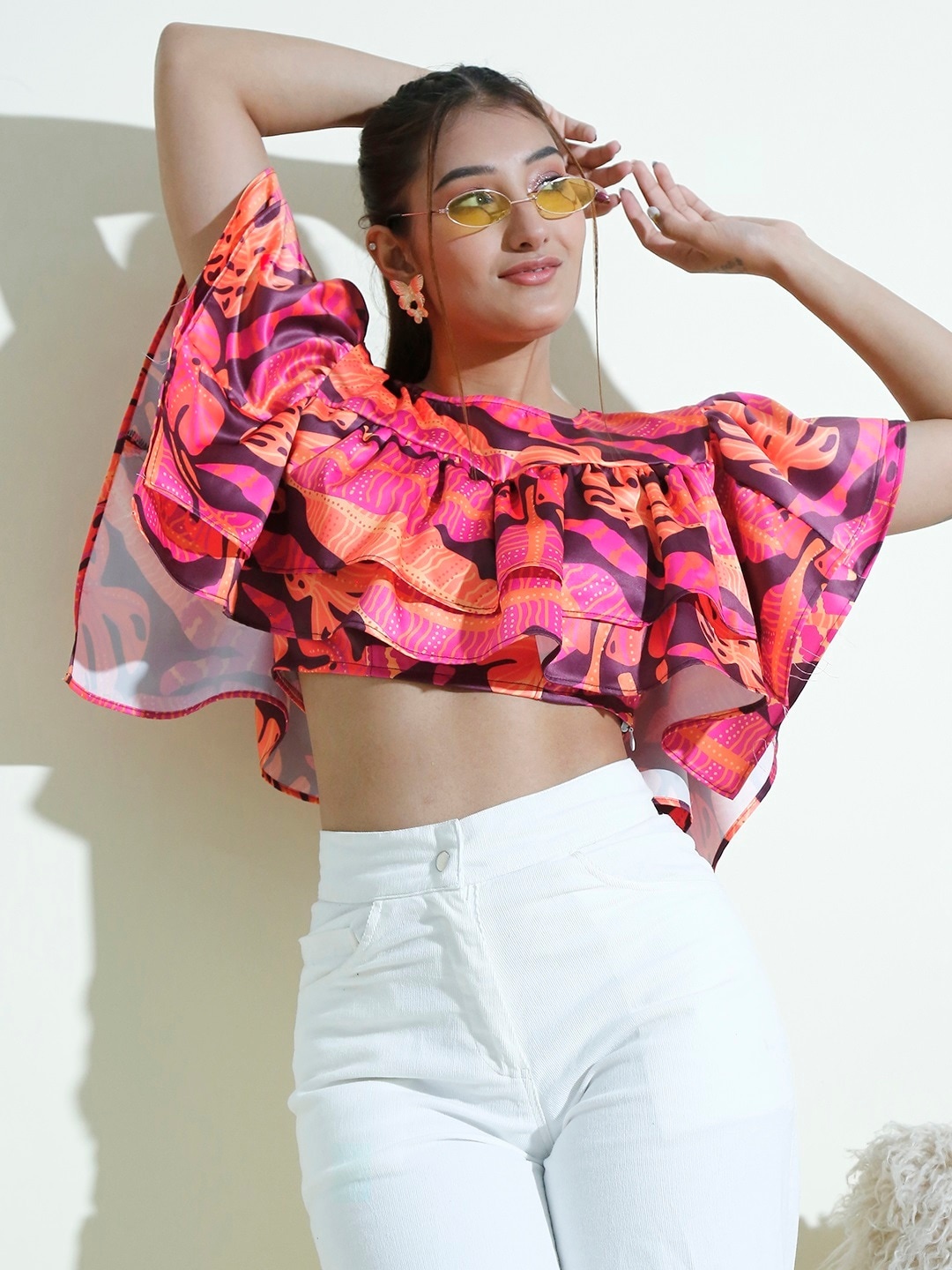 

Stylecast X Hersheinbox Printed Flutter Sleeve Layered Crop Top, Pink