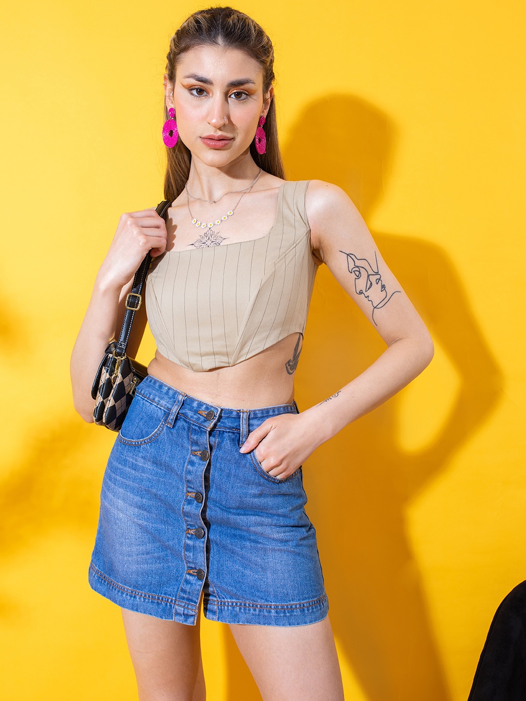 

Stylecast X Hersheinbox Square Neck Striped Crop Top With Back Tie-Up Closure, Beige