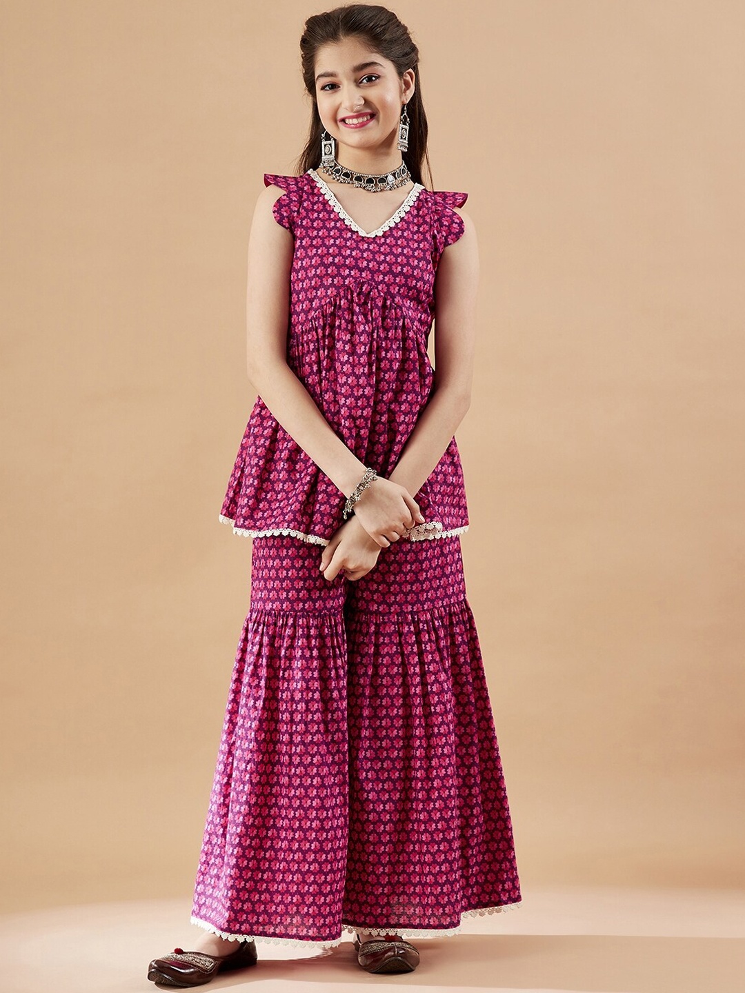 

Cherry & Jerry Girls Floral Printed Kurti With Sharara, Magenta