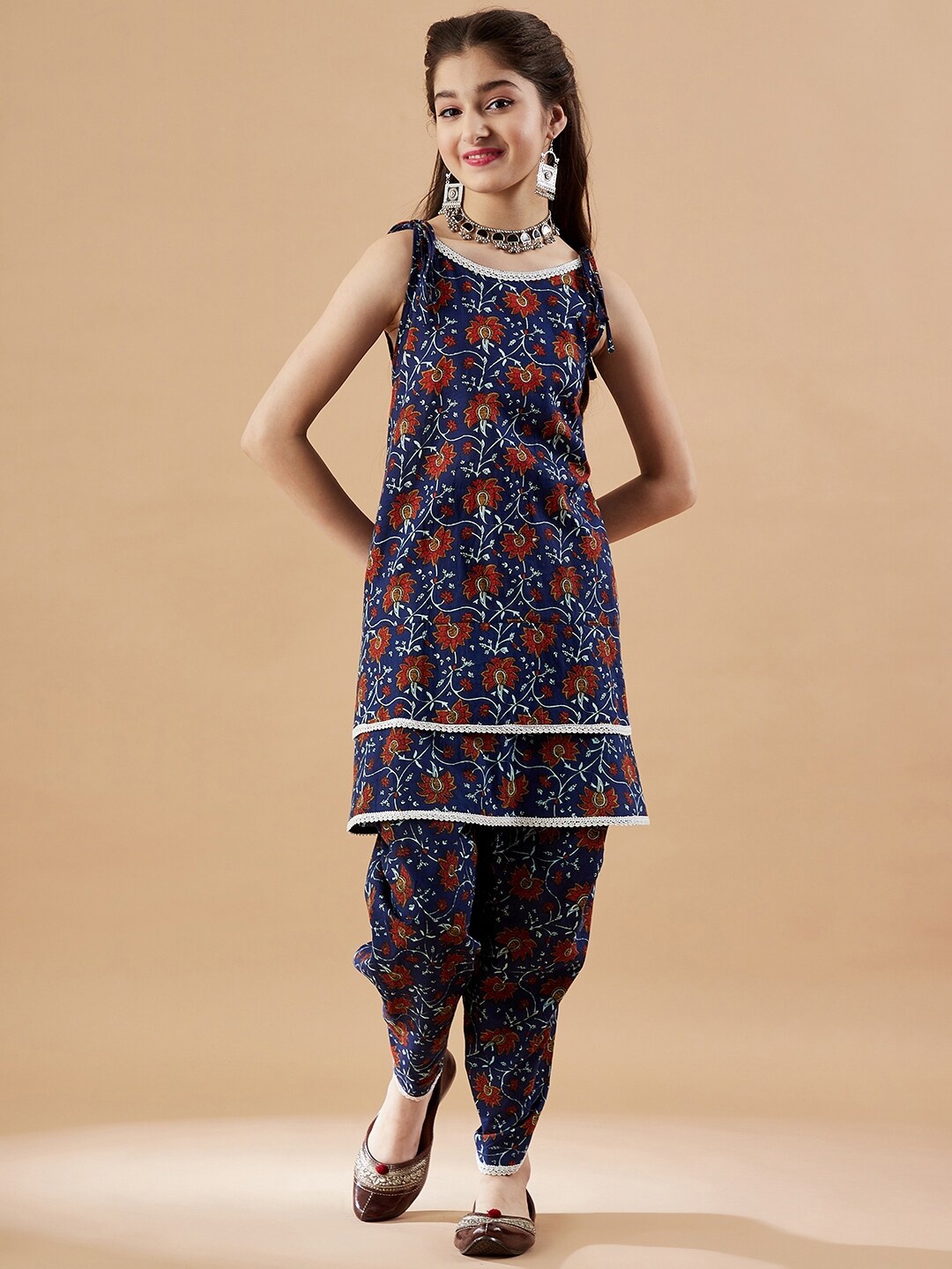 

Cherry & Jerry Girls Floral Printed Kurti with Dhoti Pants, Navy blue